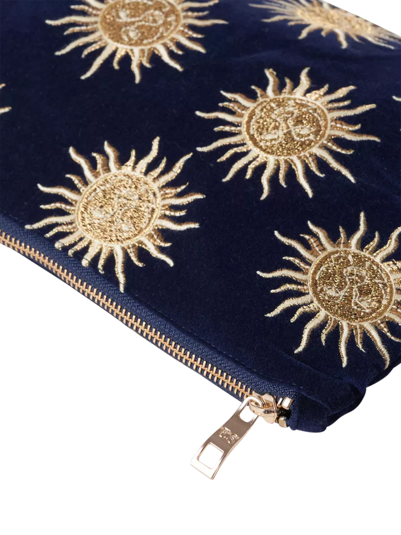 Elizabeth Scarlett Sun Goddess velvet pouch in navy - British product