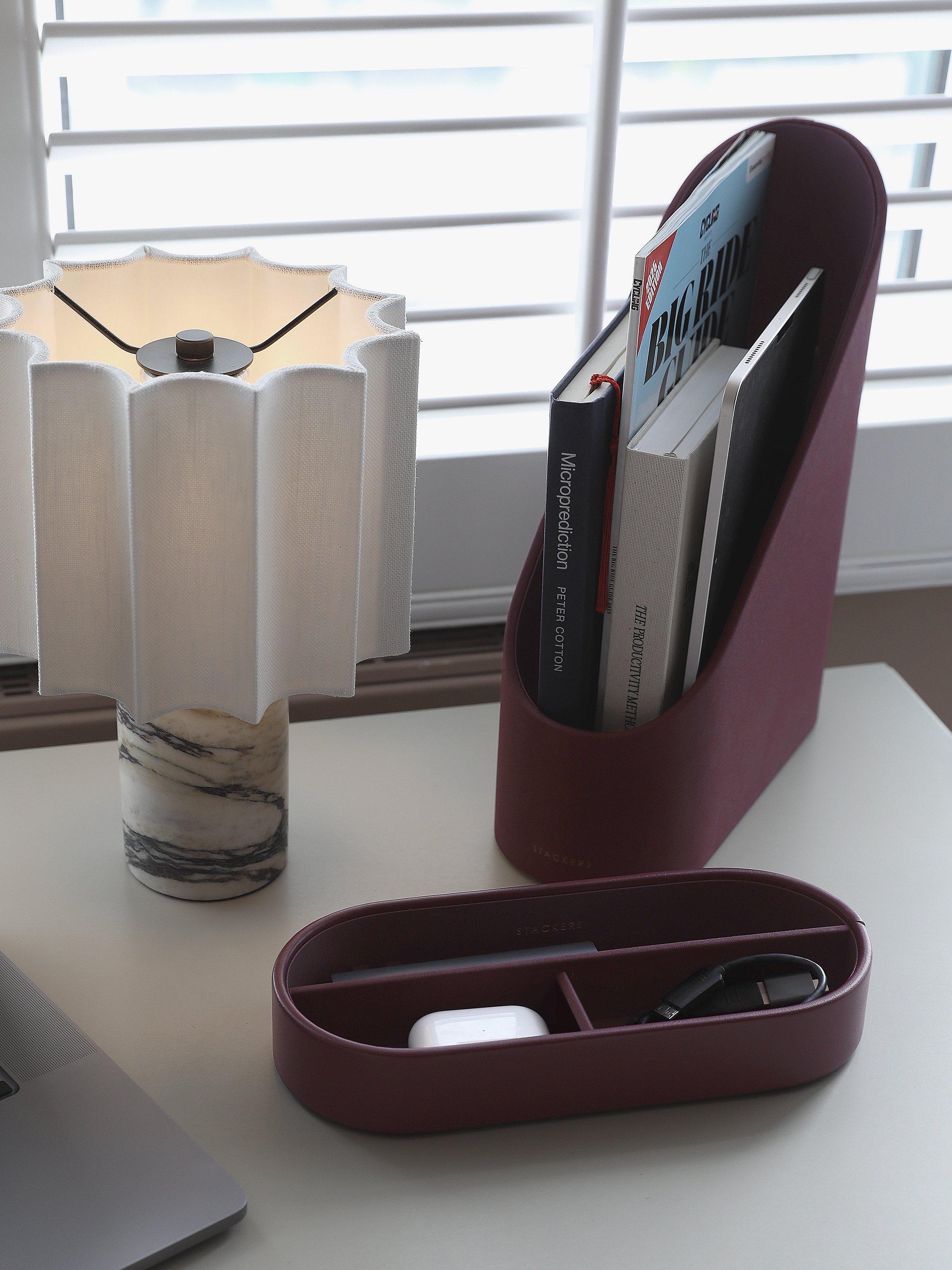 Stackers Magazine Rack garnet faux leather, imported from the UK