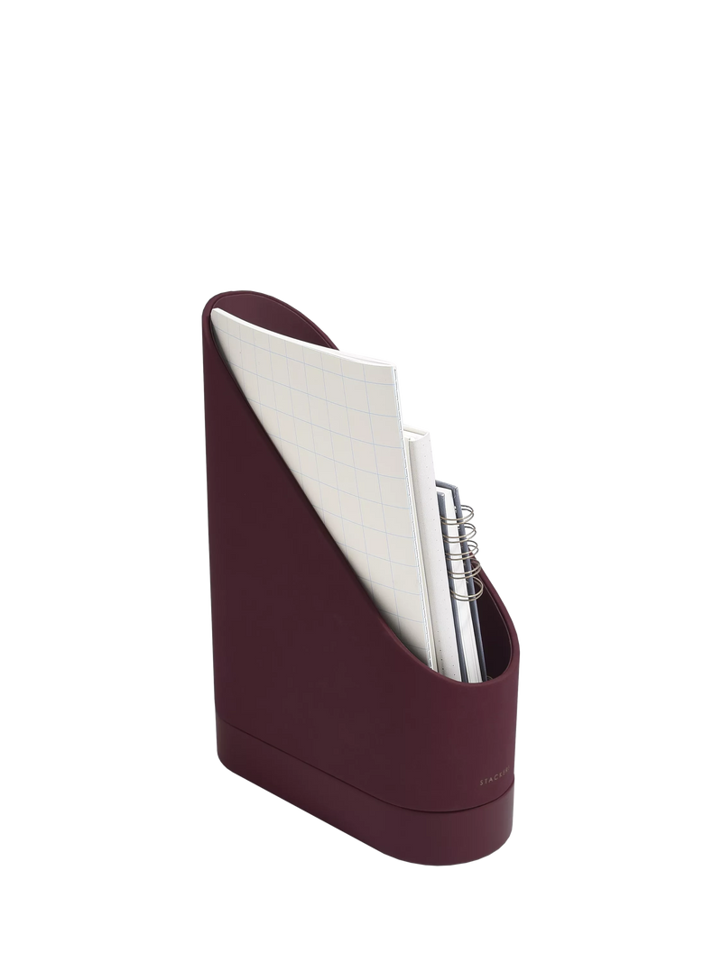Stackers Magazine Rack garnet faux leather, imported from the UK