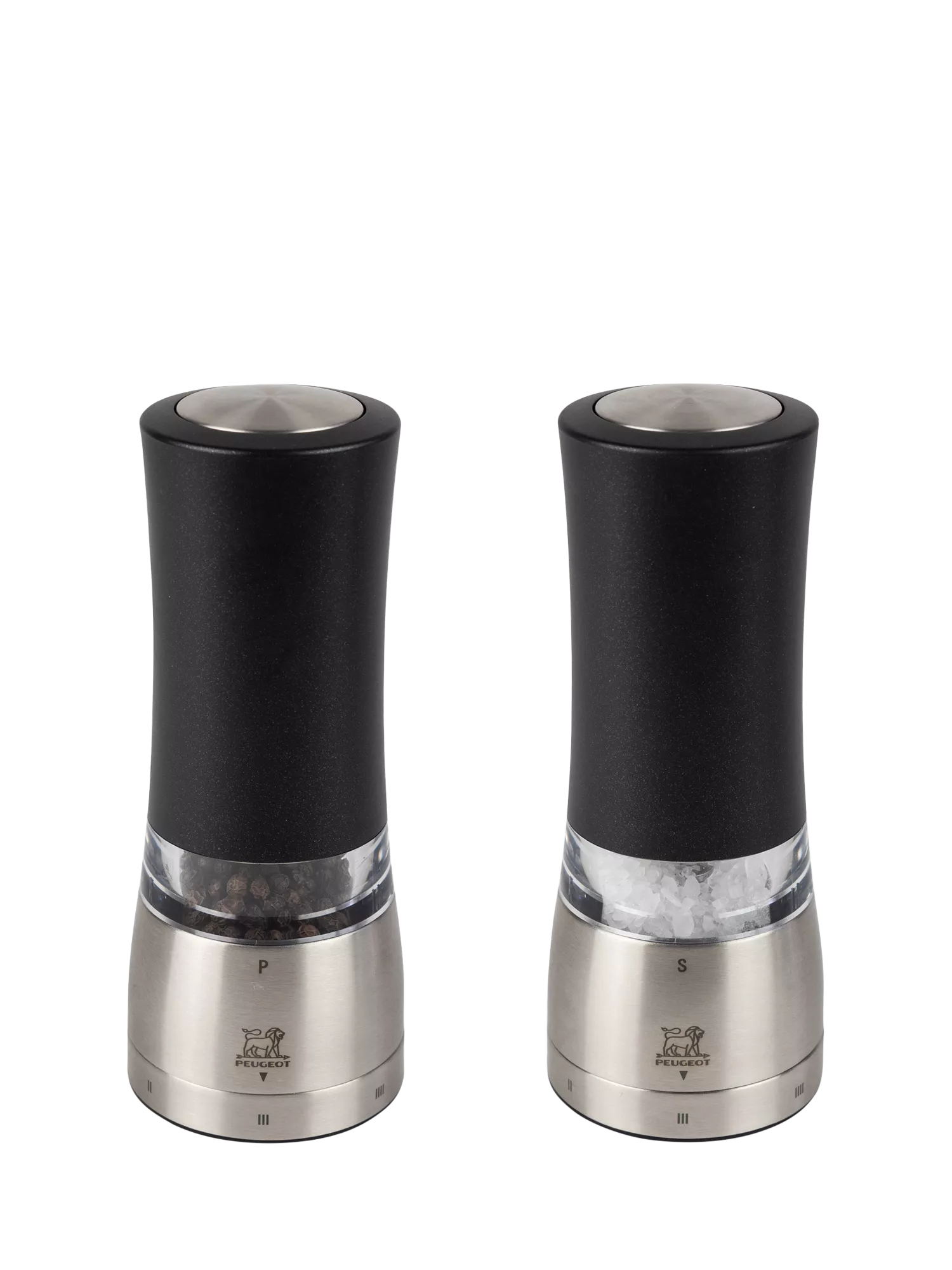 Peugeot electric salt and pepper mills black silver set, UK version