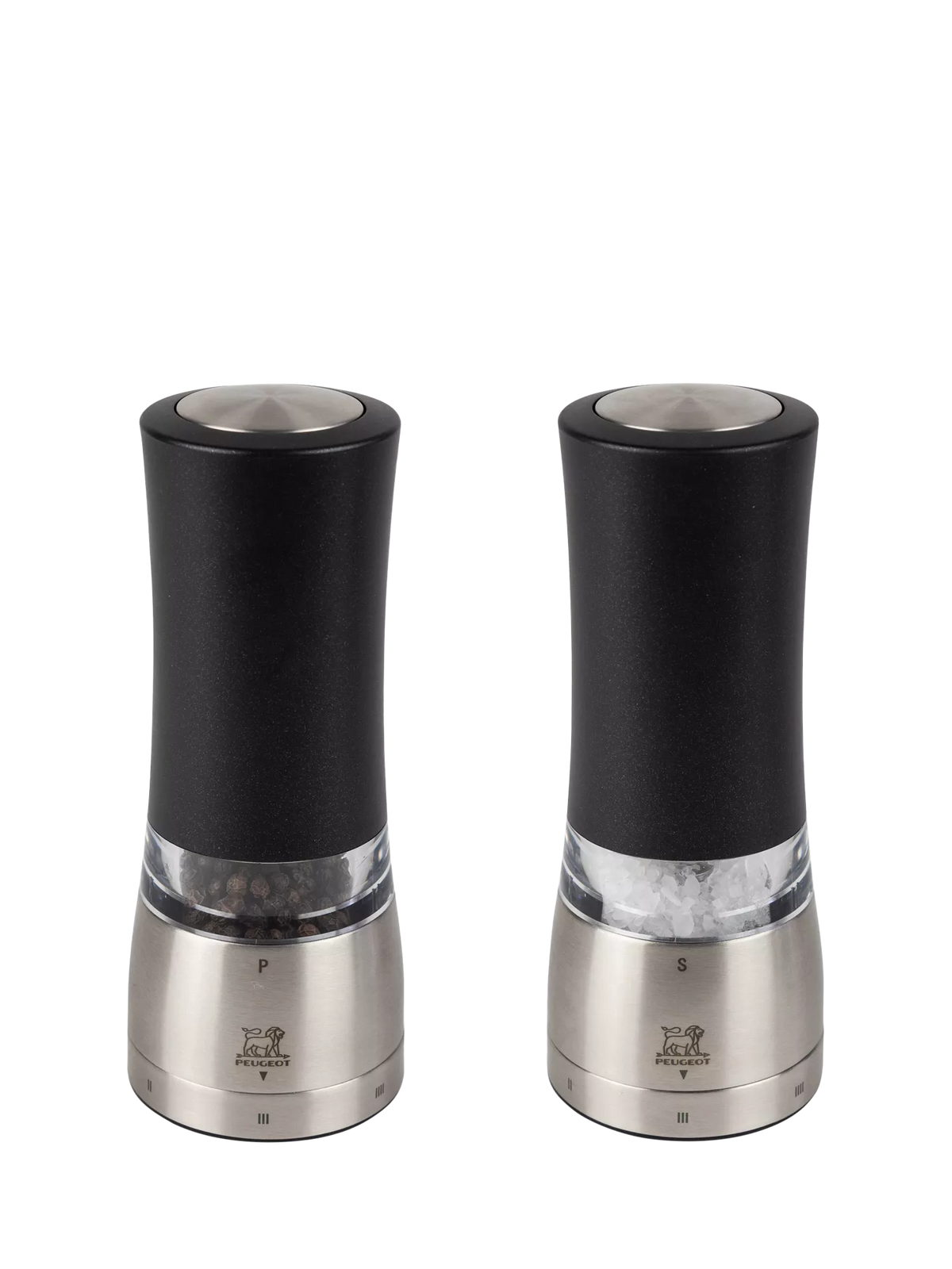 Peugeot electric salt and pepper mills black silver set, UK version