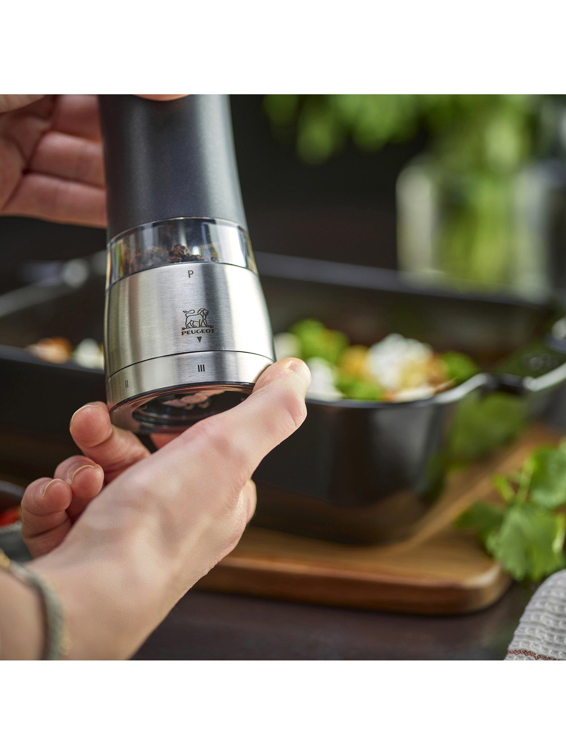 Peugeot electric salt and pepper mills black silver set, UK version