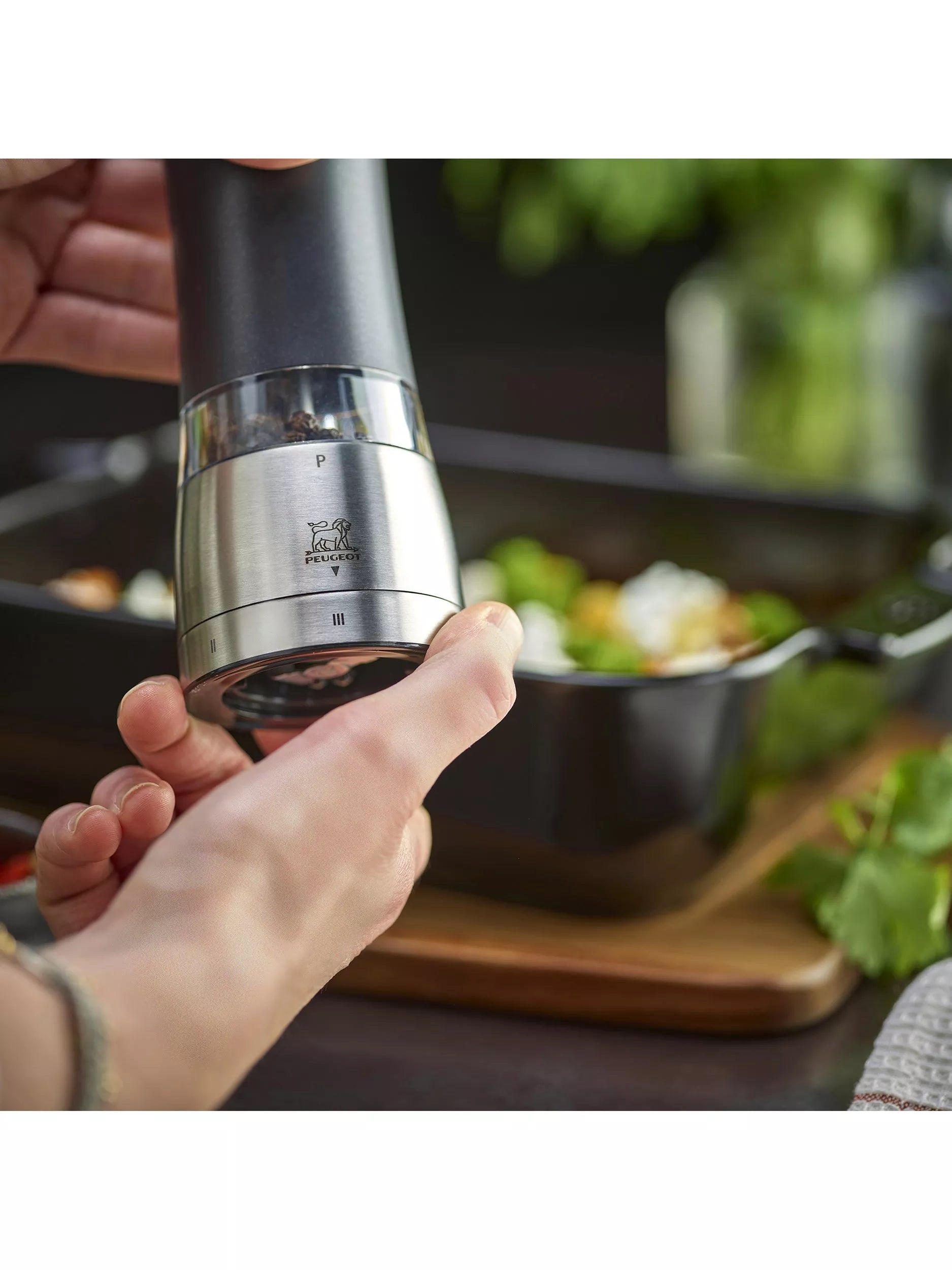 Peugeot electric salt and pepper mills black silver set, UK version