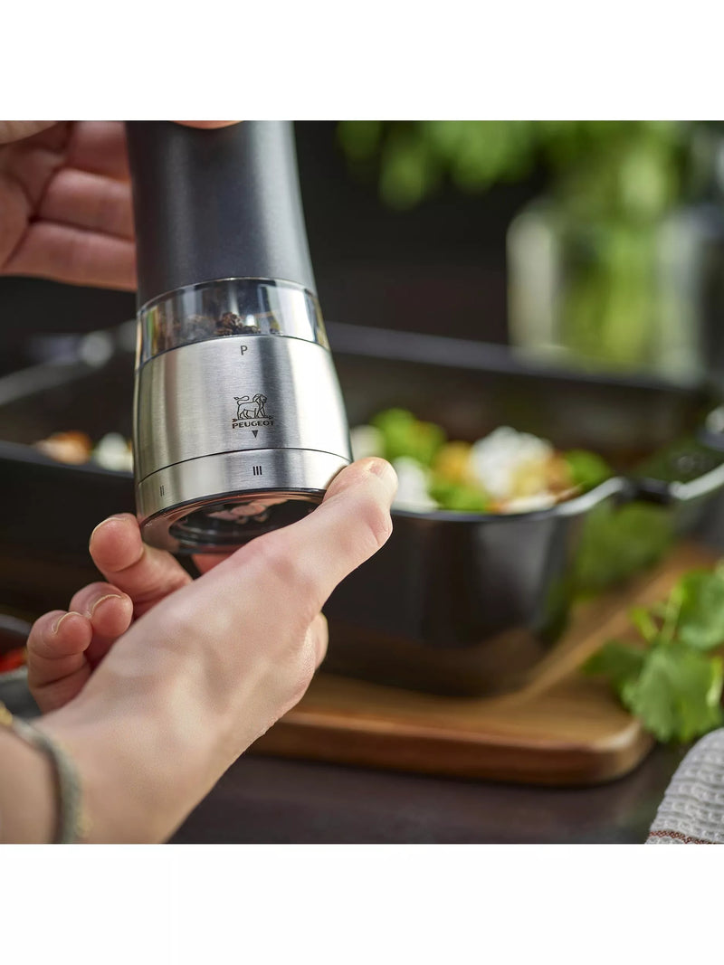 Peugeot electric salt and pepper mills black silver set, UK version