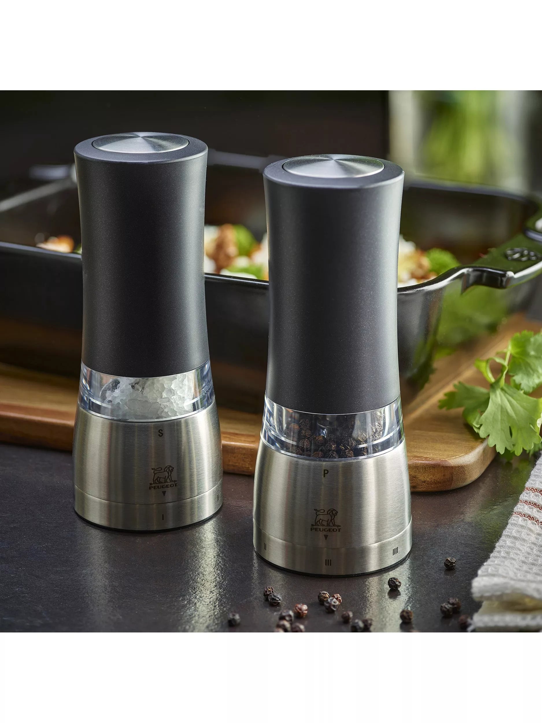 Peugeot electric salt and pepper mills black silver set, UK version