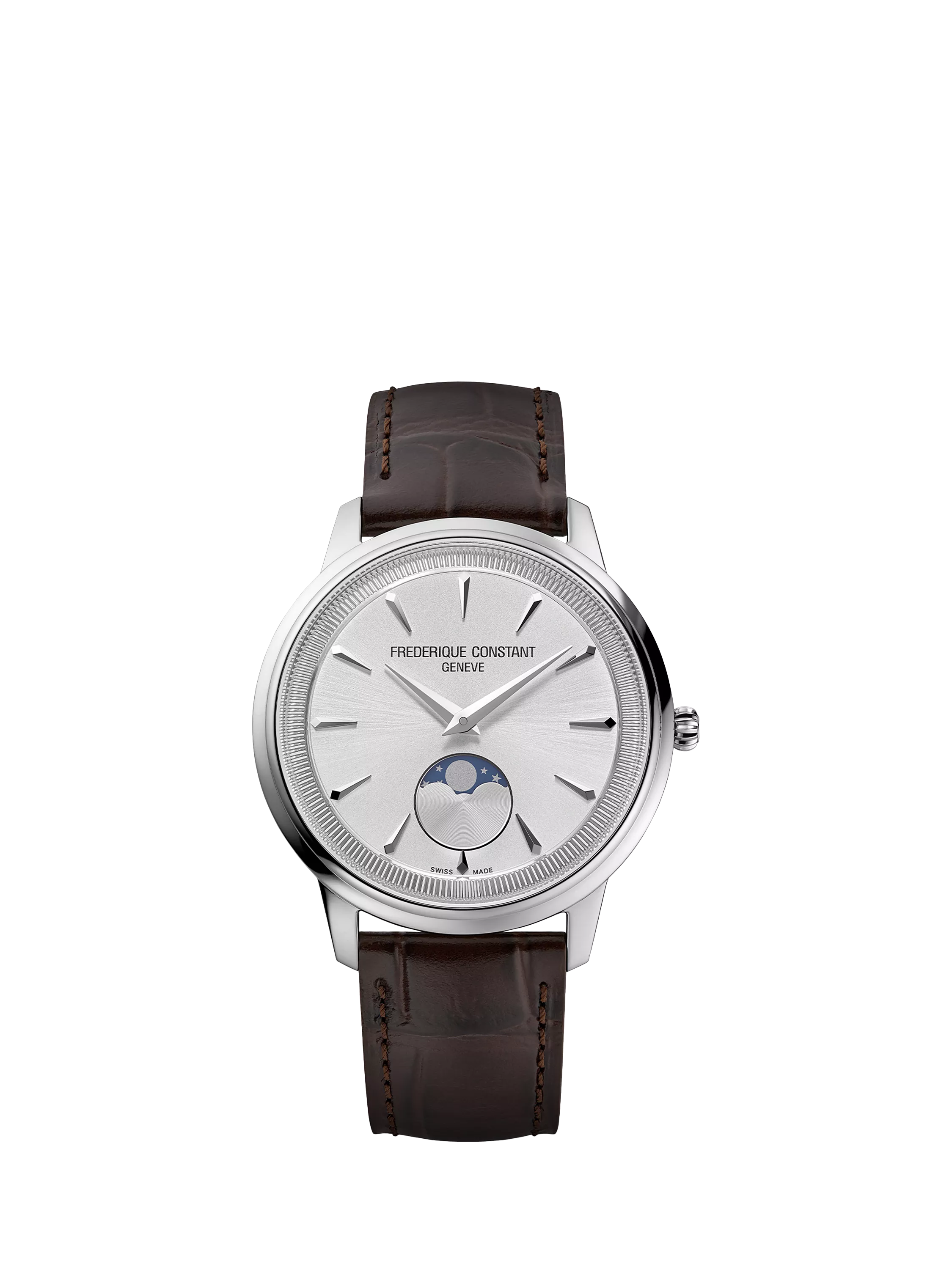 Frederique Constant men's moonphase watch white dial brown strap, imported from the UK