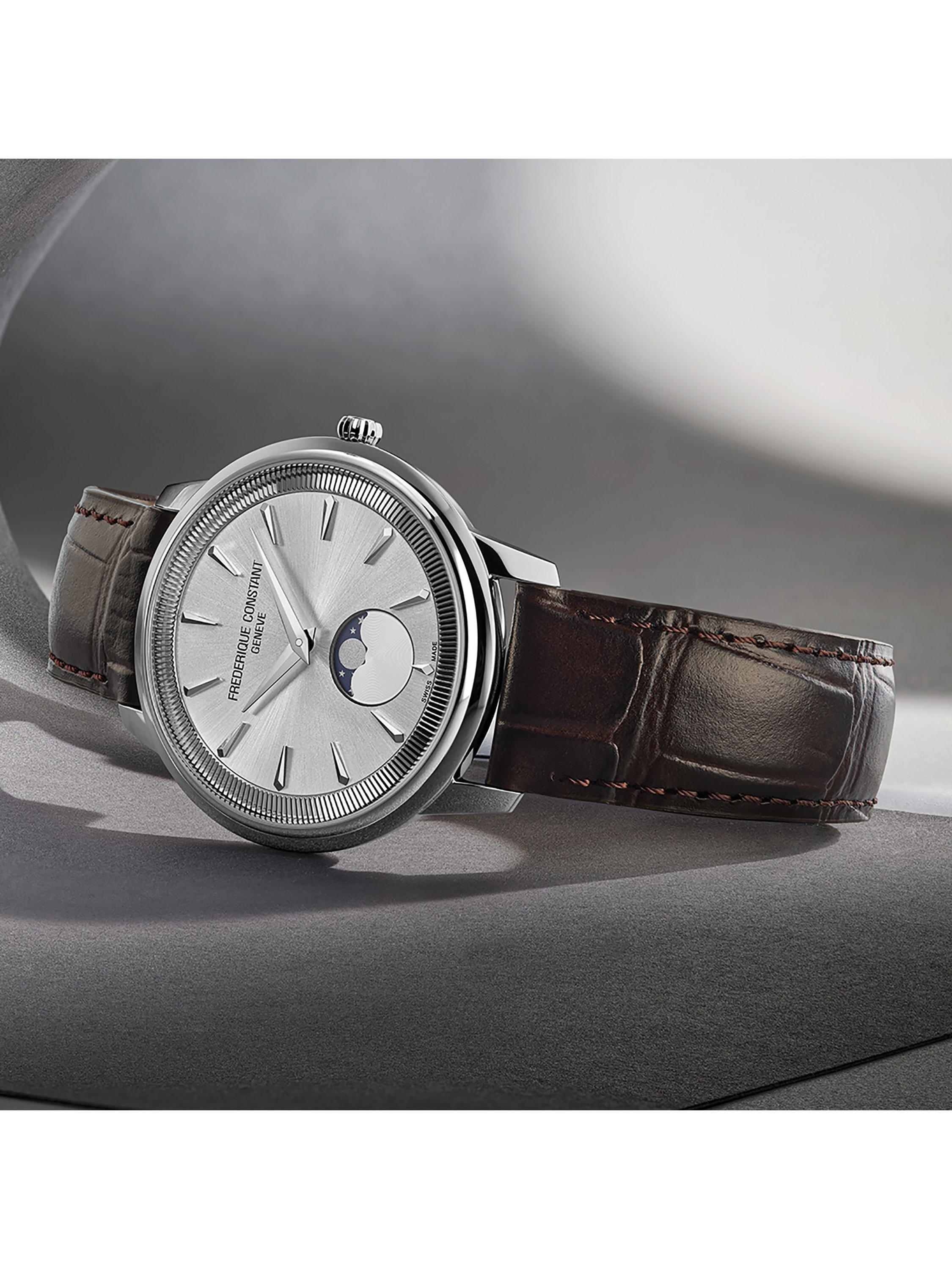 Frederique Constant men's moonphase watch white dial brown strap, imported from the UK