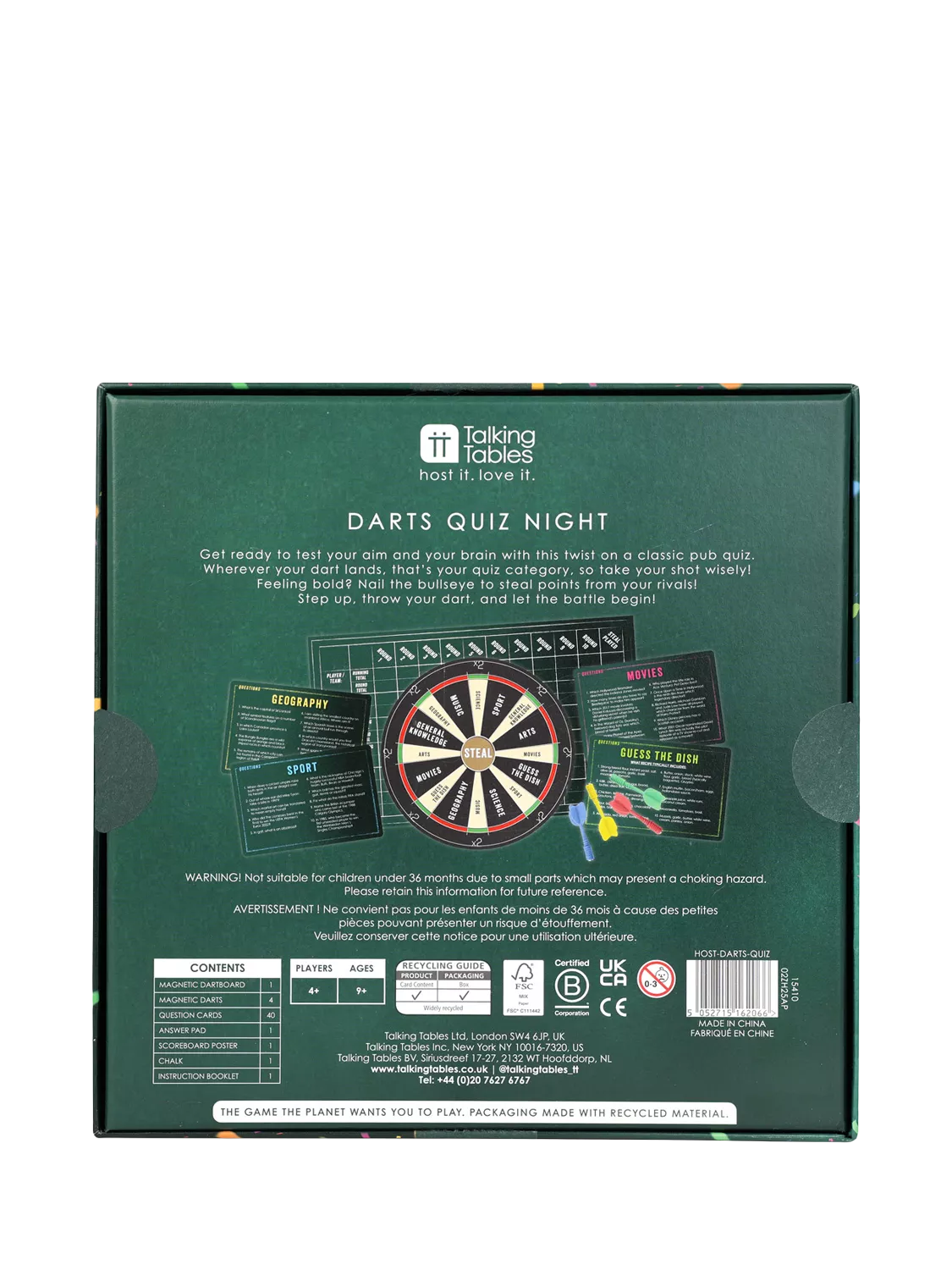 Talking Tables Magnetic Darts Quiz Night game, UK version