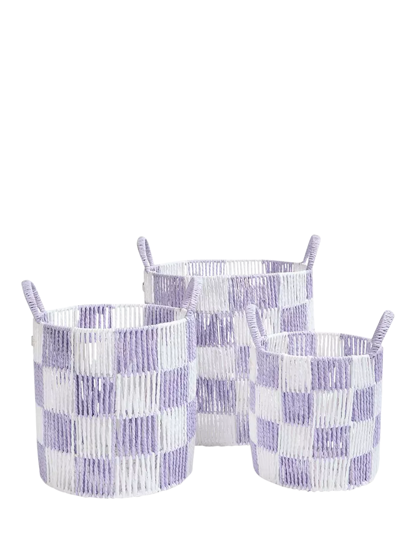 Avery Row checkerboard basket set of 3 in lilac, imported from the UK