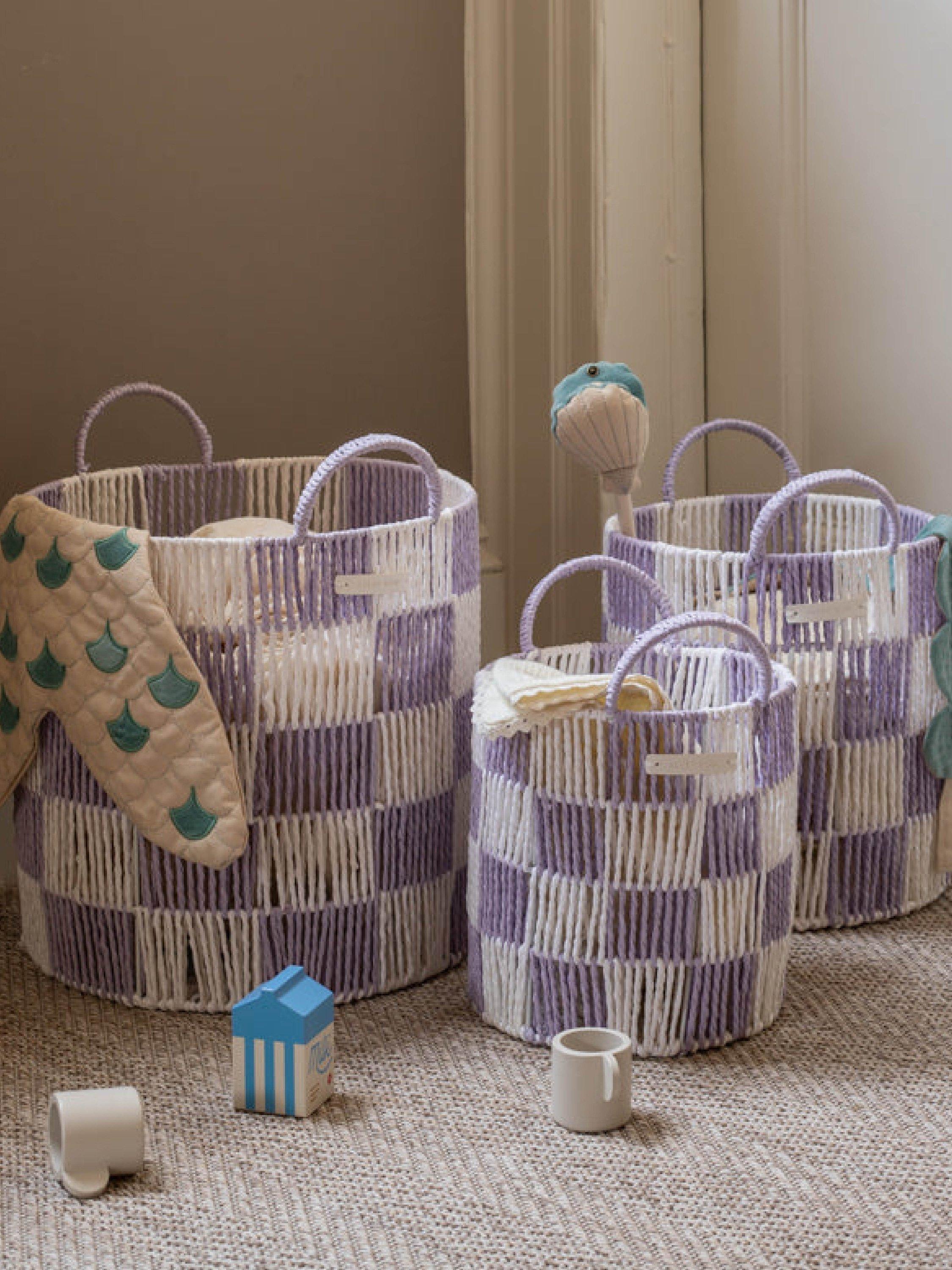Avery Row checkerboard basket set of 3 in lilac, imported from the UK