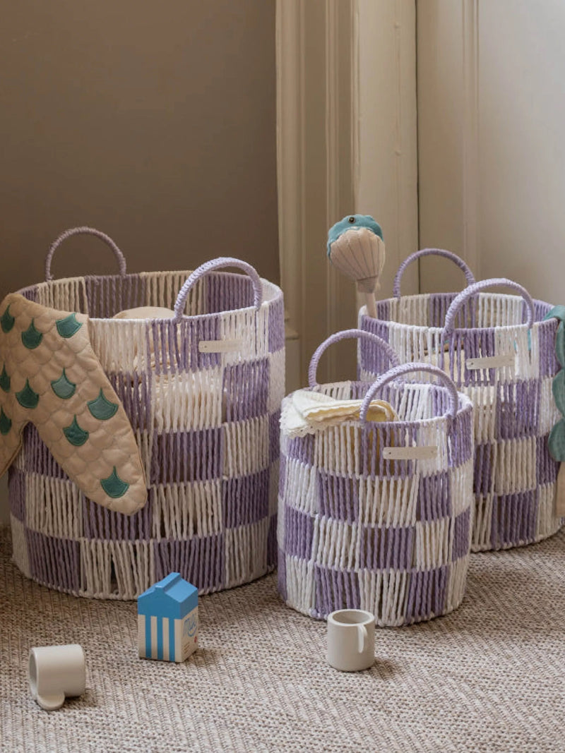 Avery Row checkerboard basket set of 3 in lilac, imported from the UK