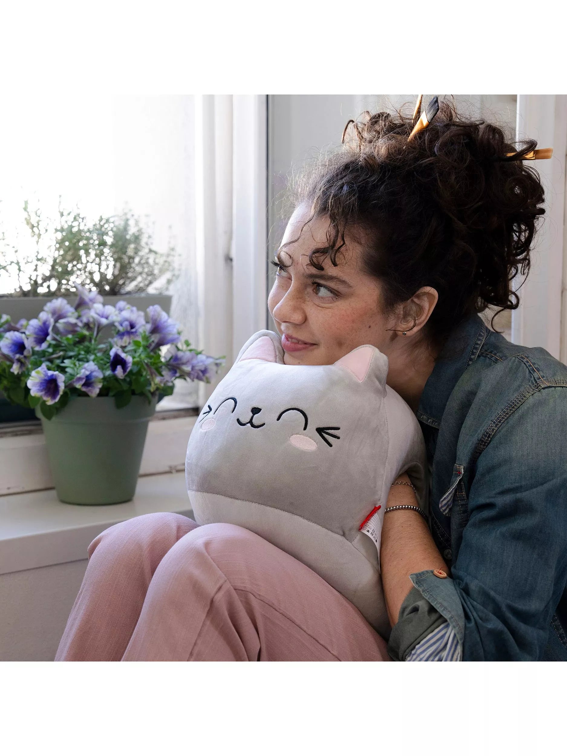 Legami grey cat-shaped super soft cushion, imported from the UK
