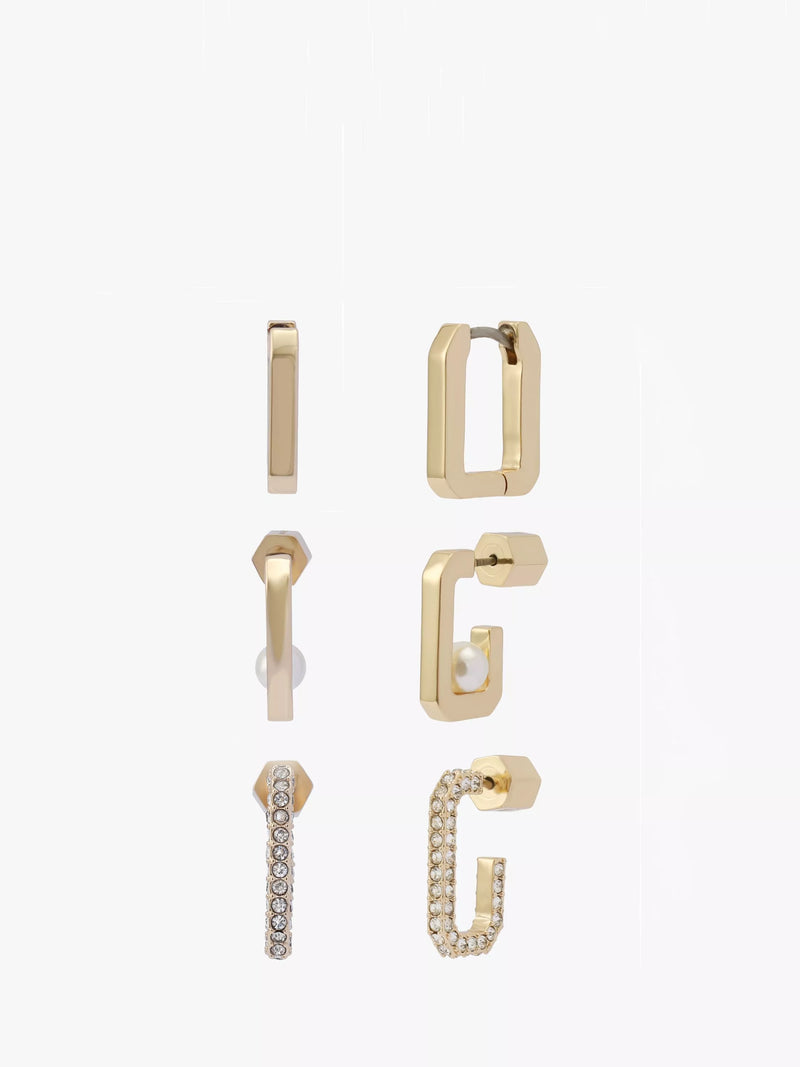 AllSaints hexagon hoop earrings 3 pairs gold, imported from the UK