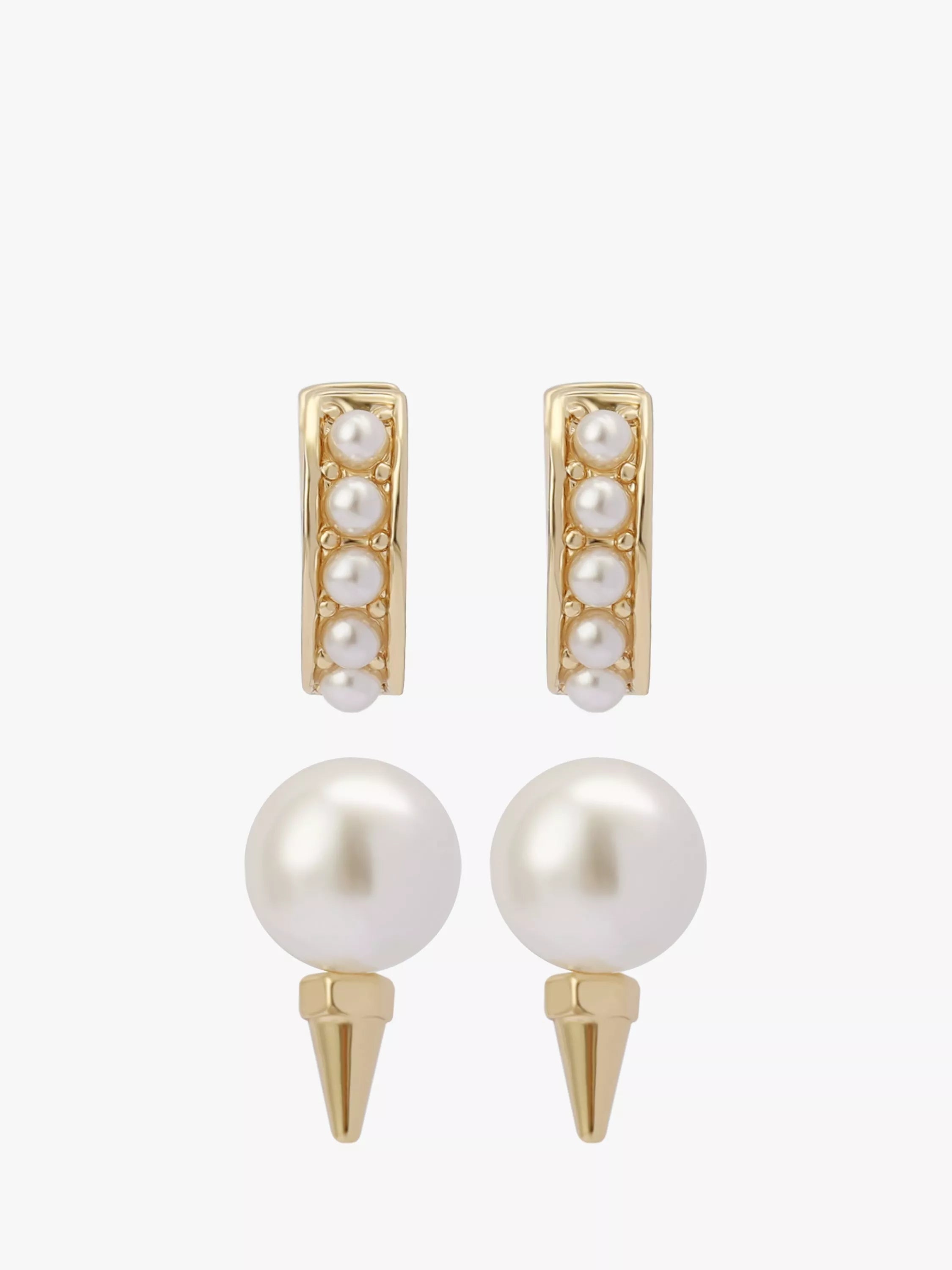 AllSaints pearl huggie and stud earrings in shiny gold, imported from the UK