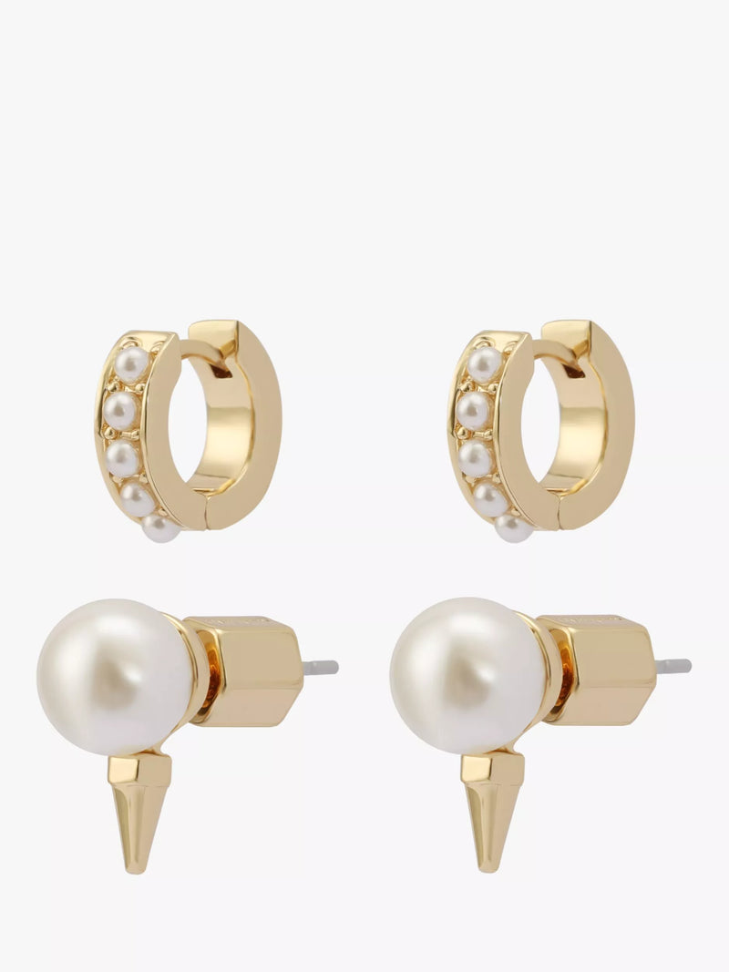 AllSaints pearl huggie and stud earrings in shiny gold, imported from the UK