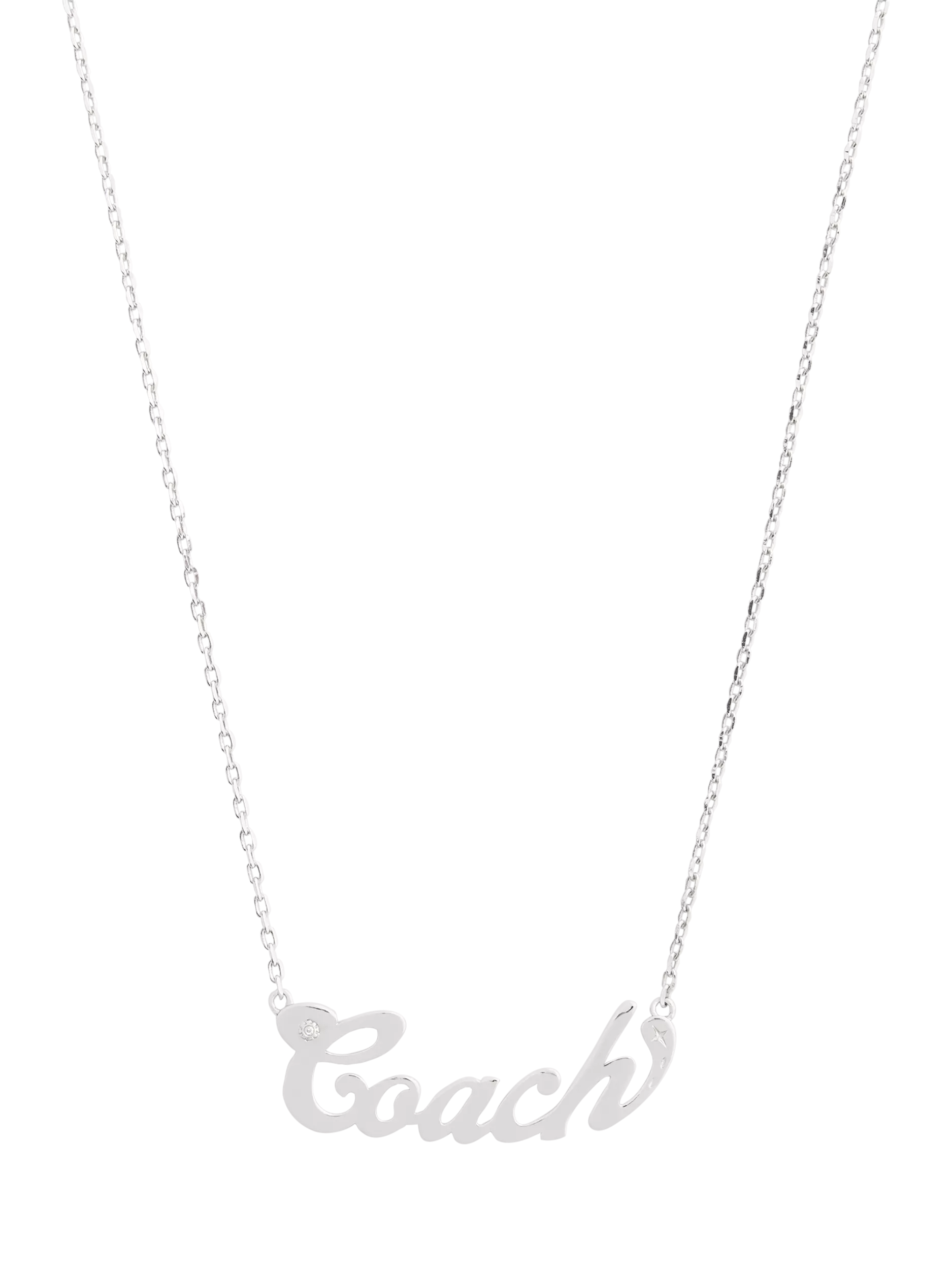Coach name plate pendant necklace in rhodium, UK version