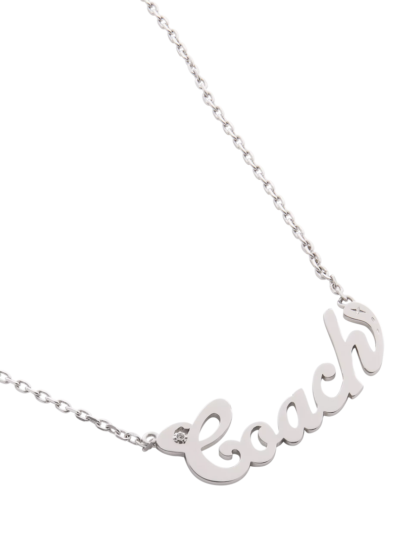 Coach name plate pendant necklace in rhodium, UK version