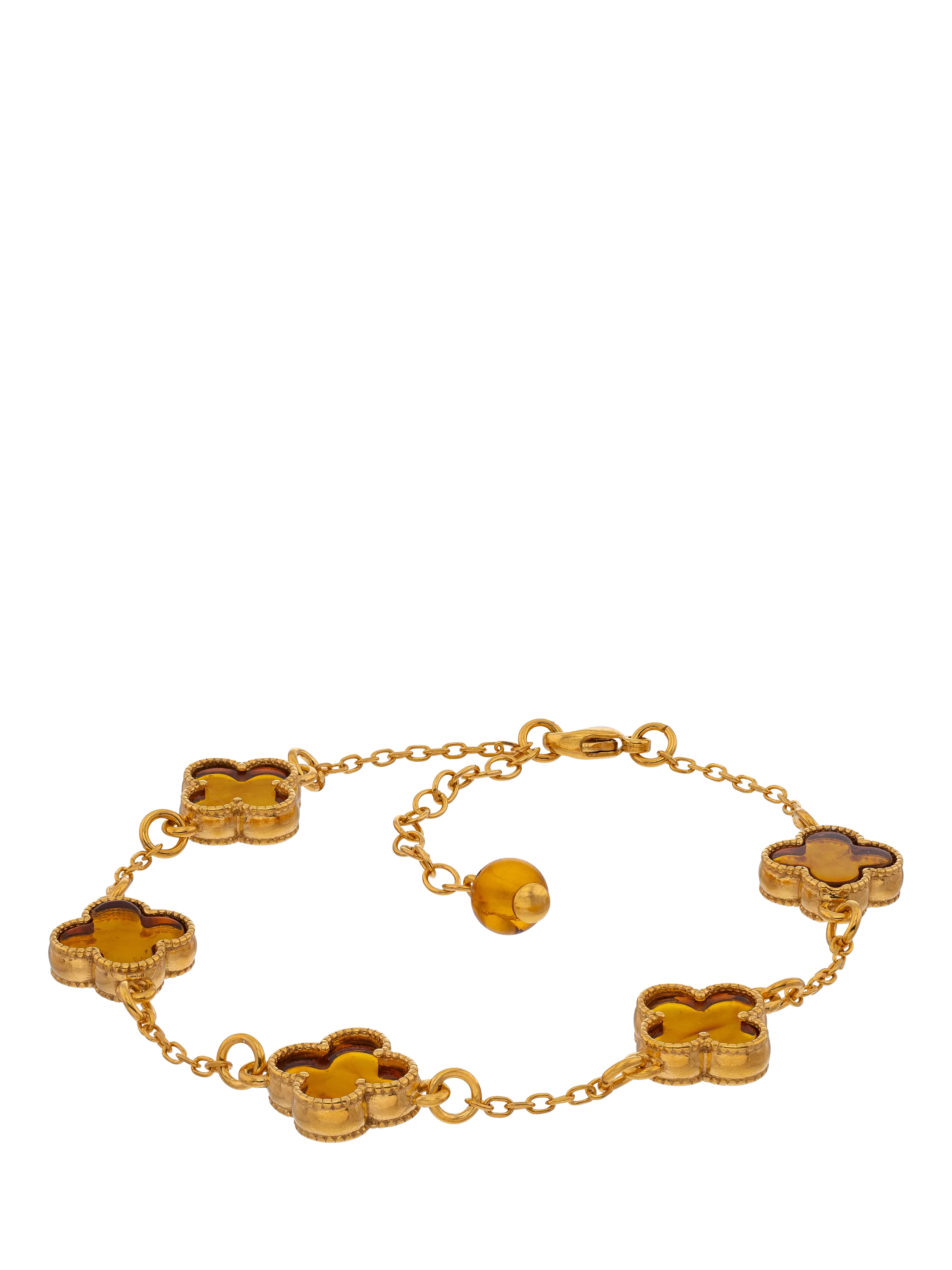 Be-Jewelled Baltic Amber Clover Chain Bracelet Gold/Cognac 22cm - British product