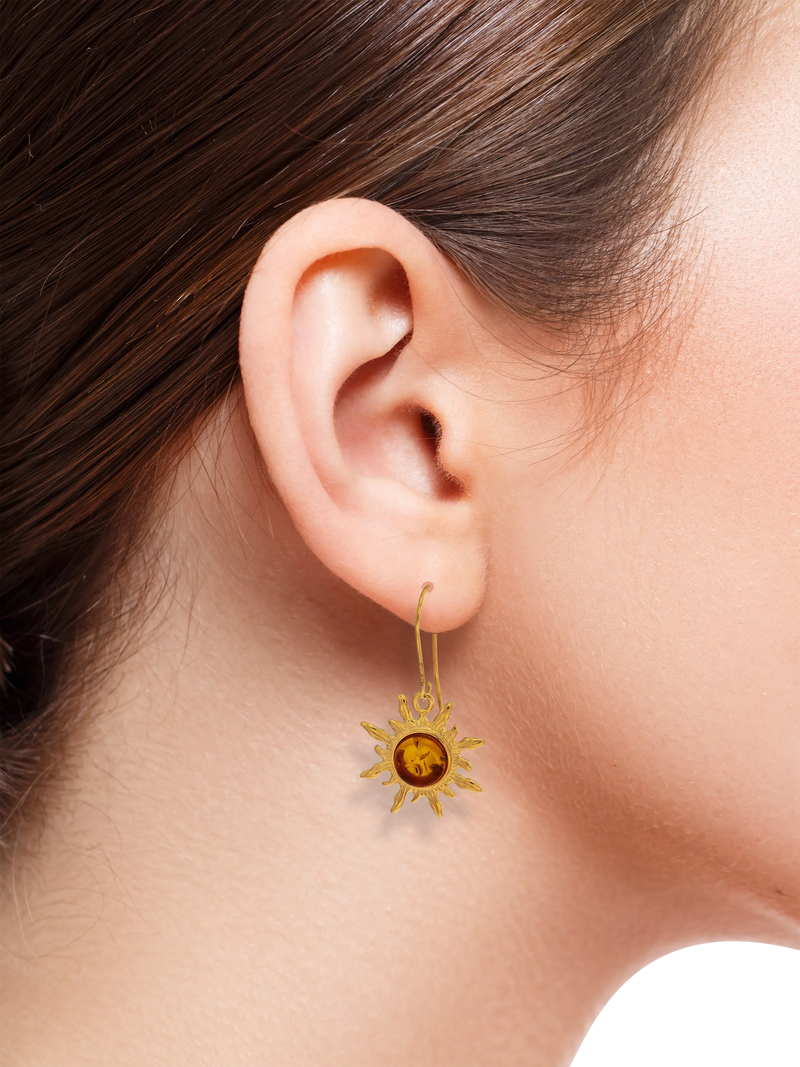 Be-Jewelled Baltic amber sunburst earrings gold cognac - British product