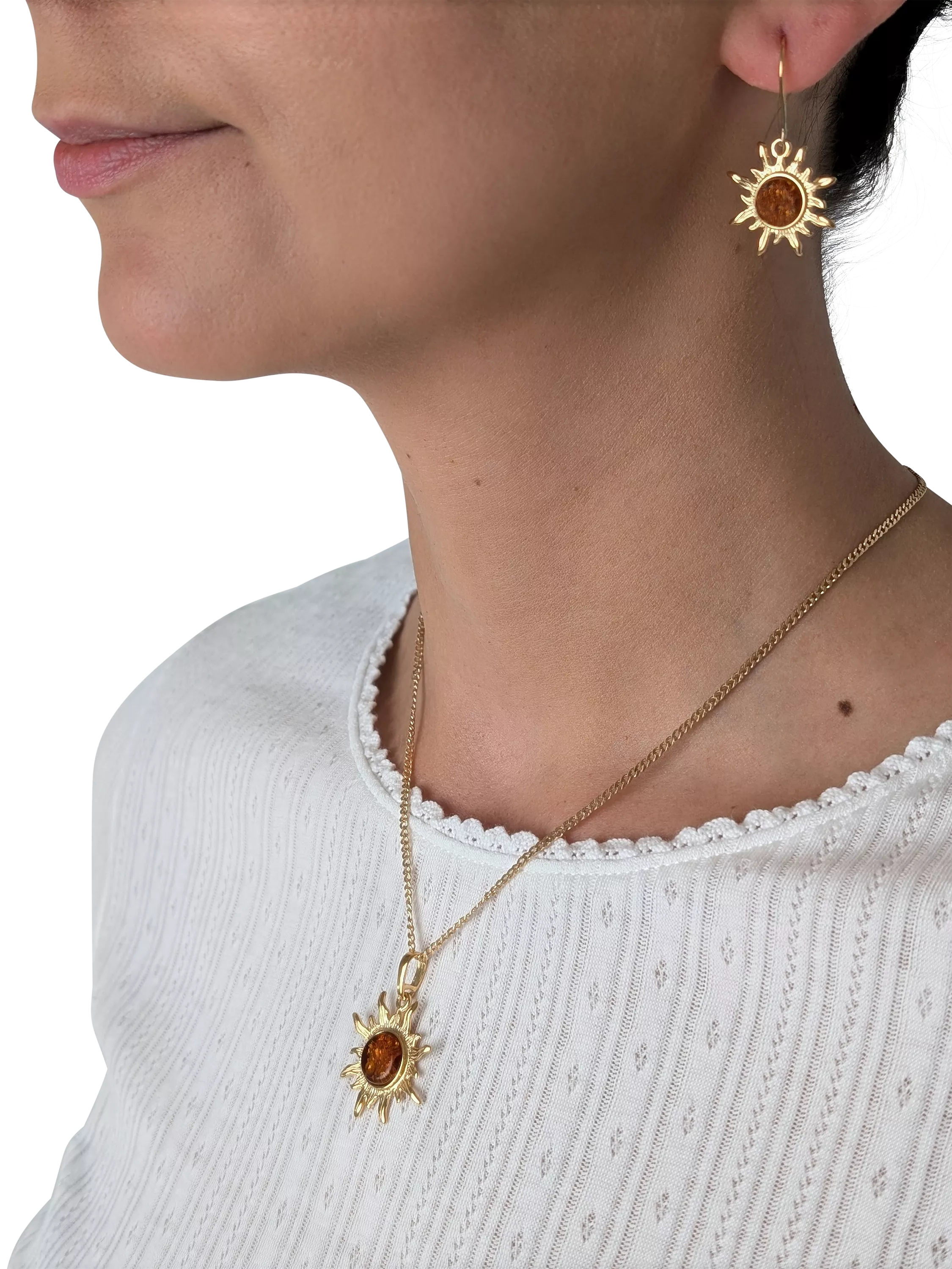 Be-Jewelled Baltic amber sunburst earrings gold cognac - British product