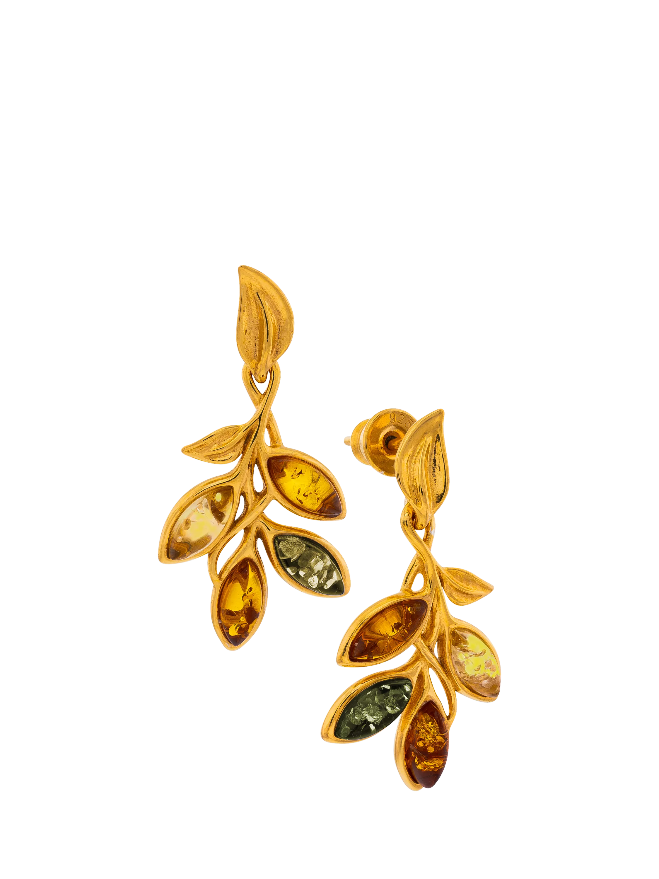 Be-Jewelled Baltic amber leaf drop stud earrings in gold multi, UK version