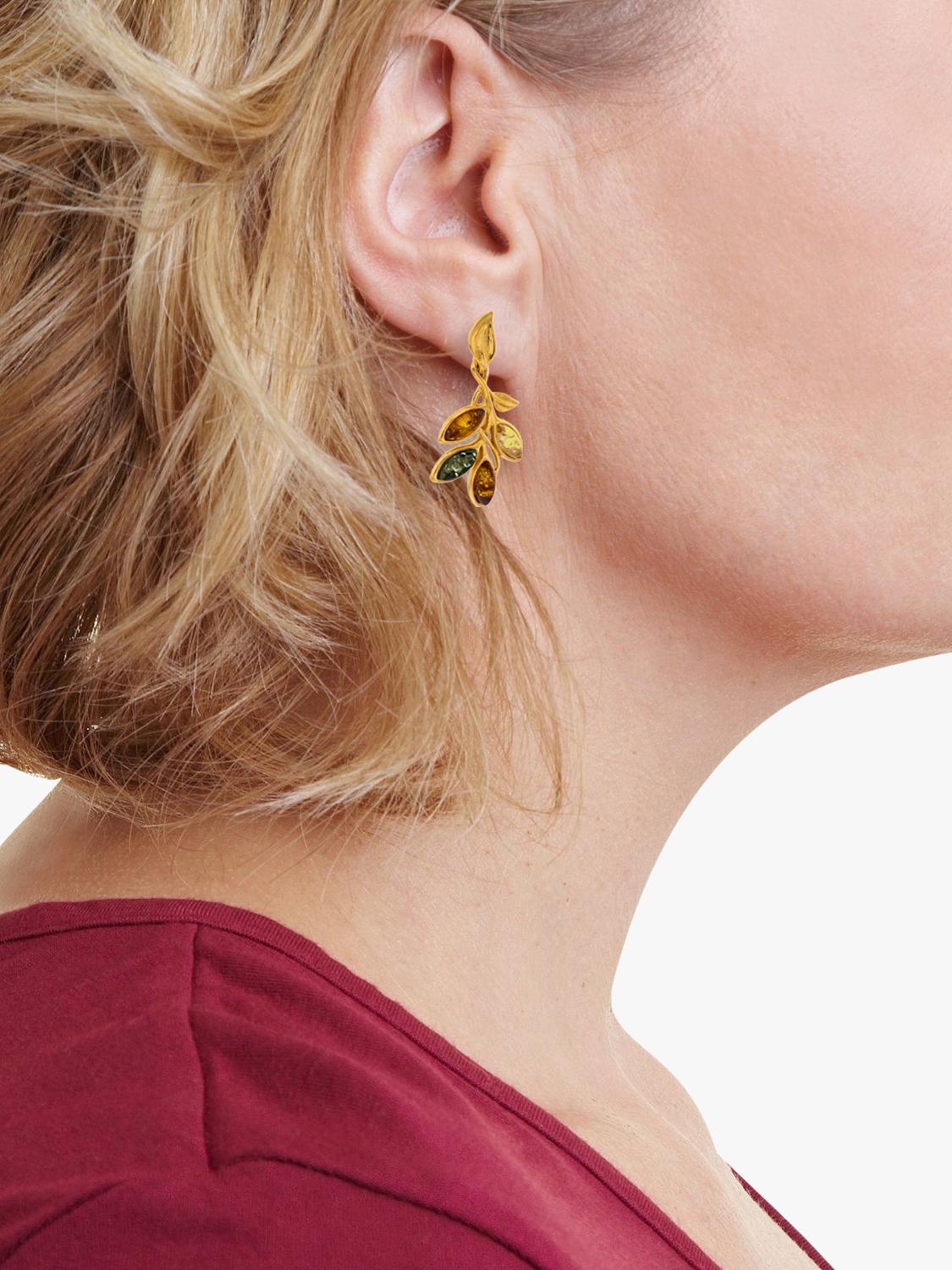 Be-Jewelled Baltic amber leaf drop stud earrings in gold multi, UK version