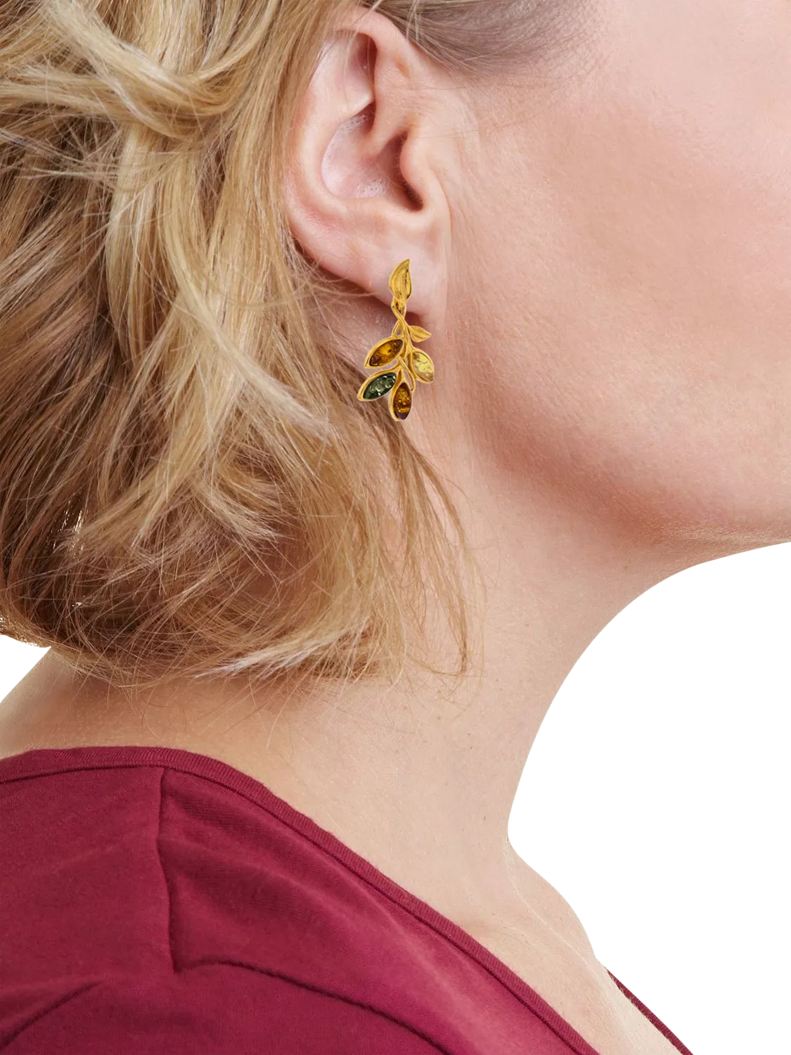 Be-Jewelled Baltic amber leaf drop stud earrings in gold multi, UK version