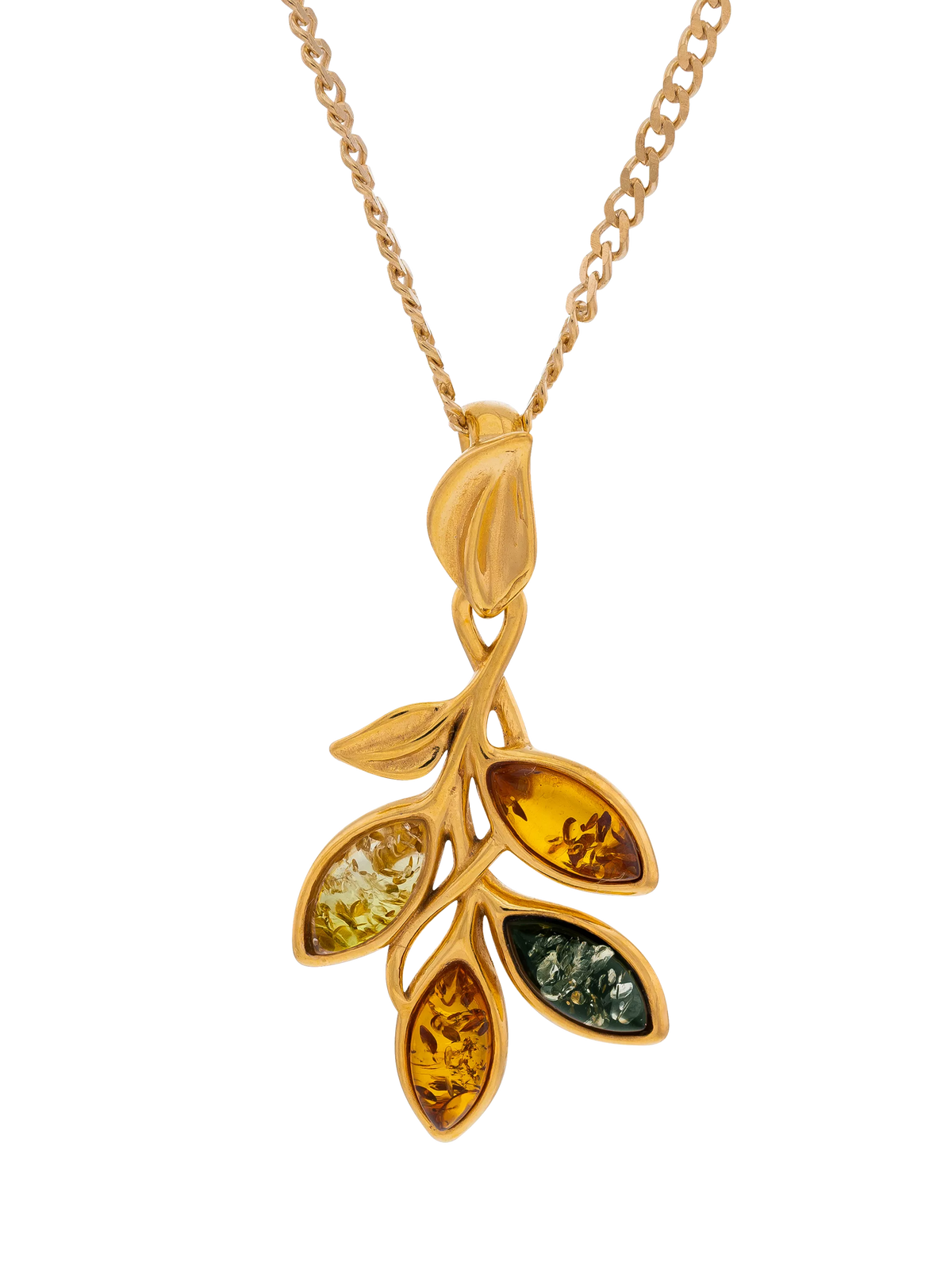 Be-Jewelled Baltic amber leaf pendant necklace gold plated sterling silver, UK version