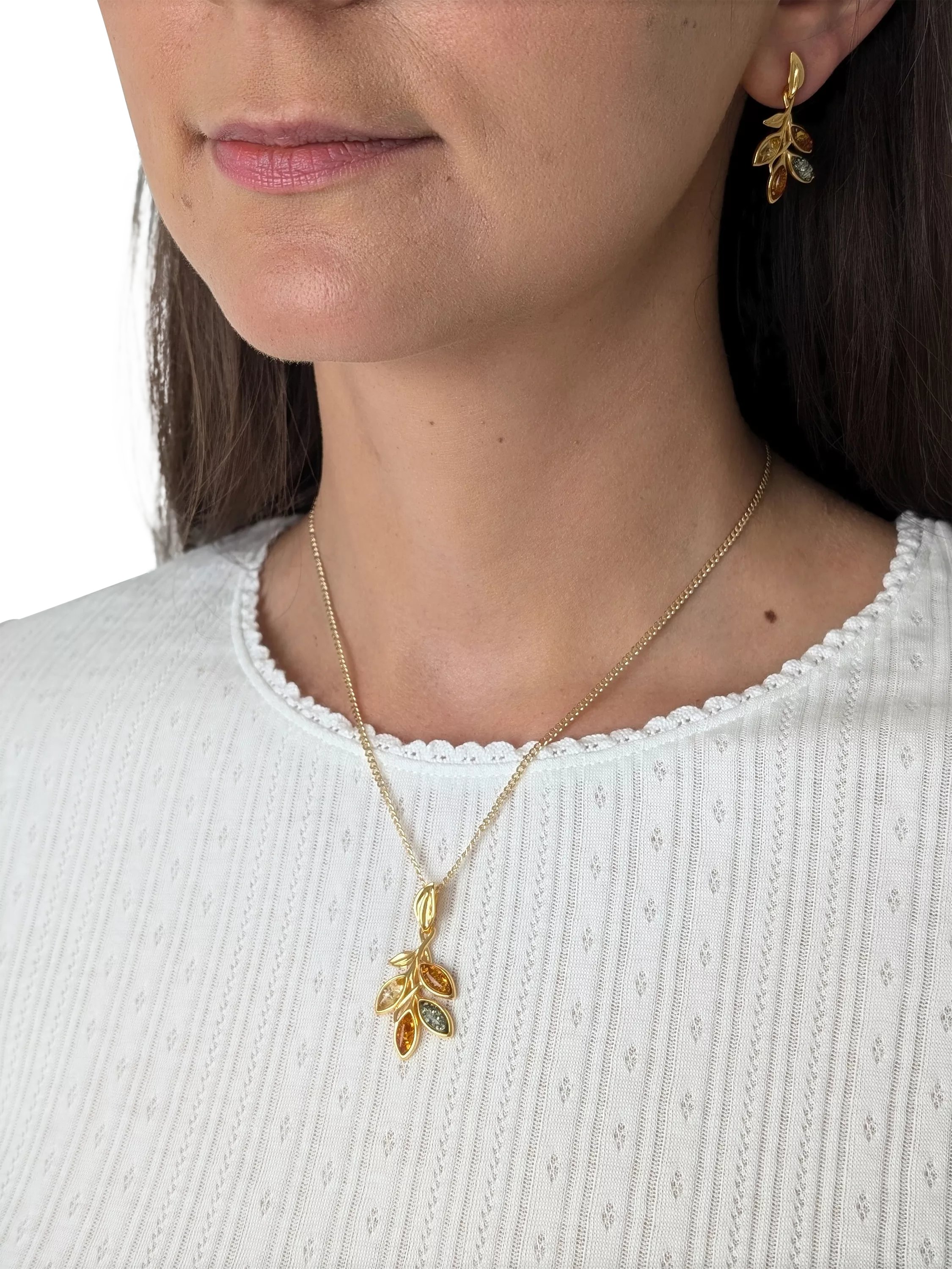 Be-Jewelled Baltic amber leaf pendant necklace gold plated sterling silver, UK version