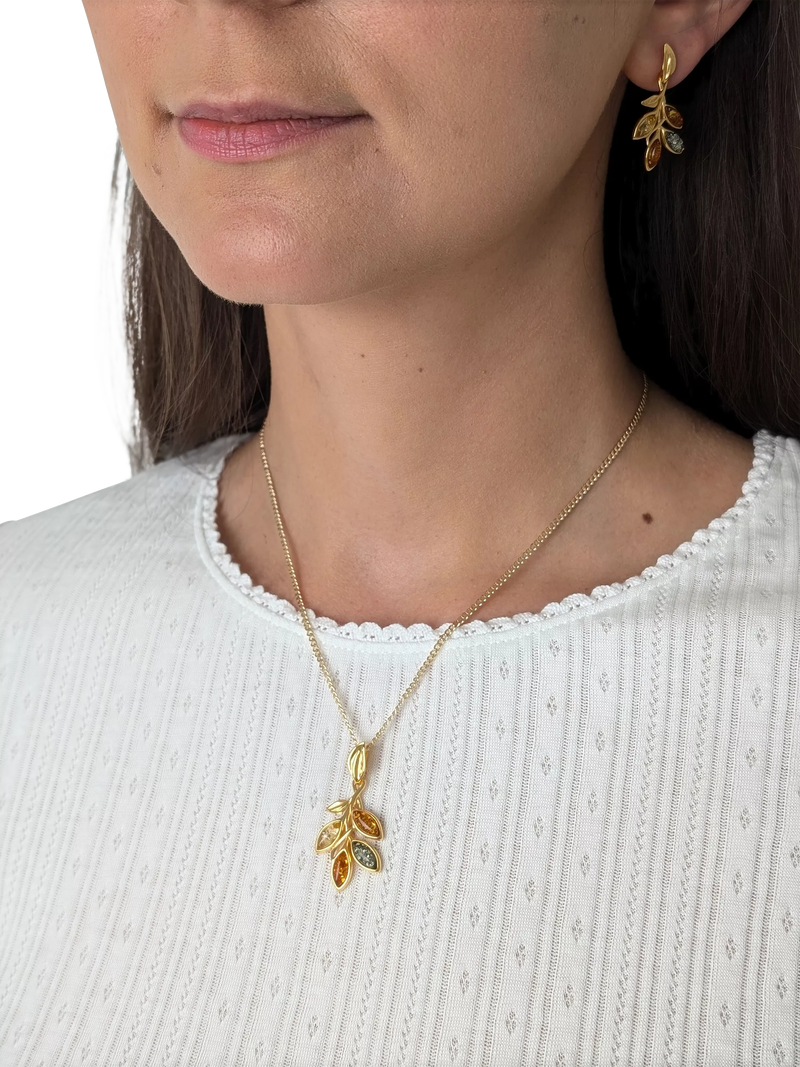 Be-Jewelled Baltic amber leaf pendant necklace gold plated sterling silver, UK version