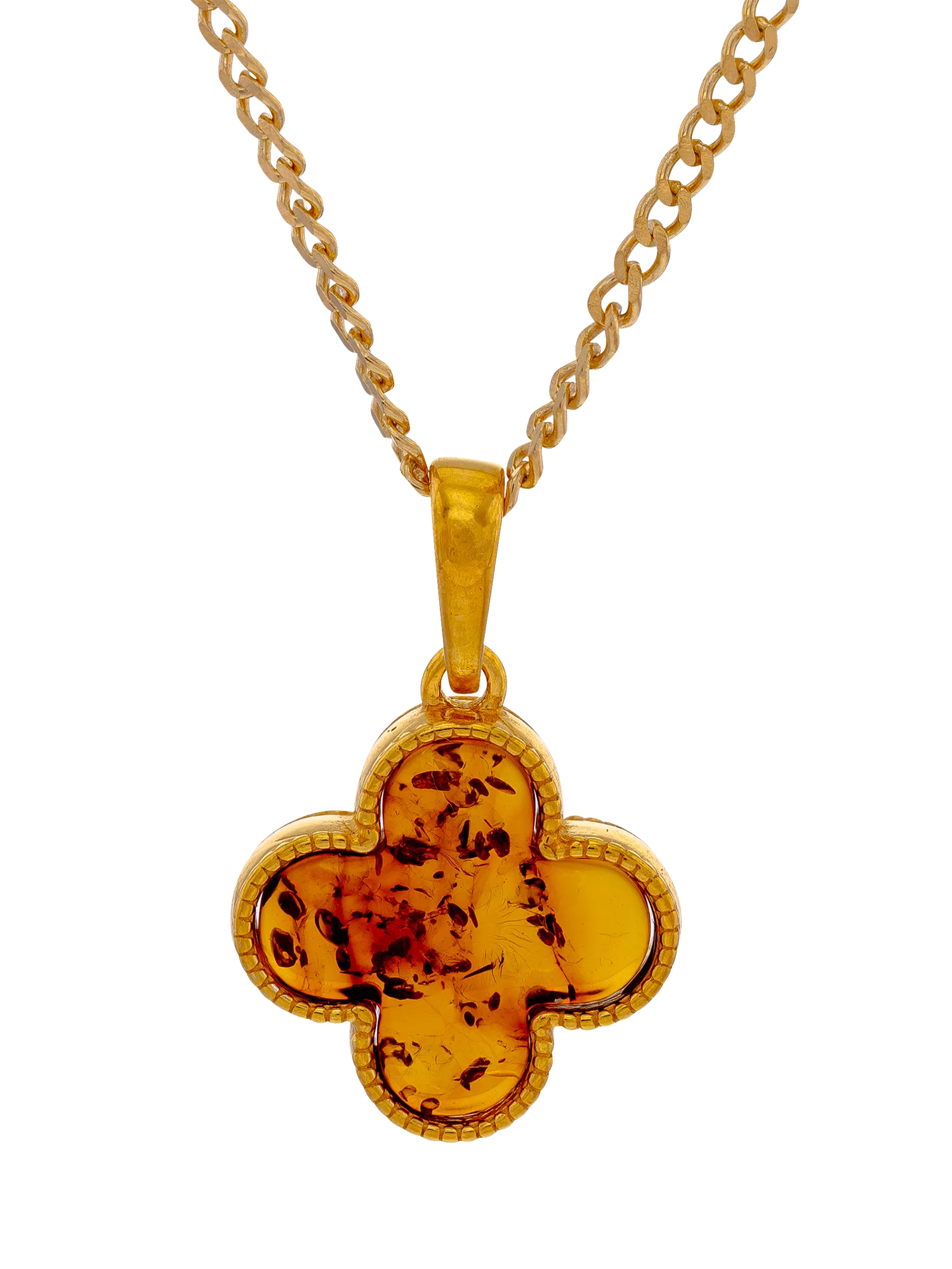 Be-Jewelled Baltic amber clover pendant gold cognac, imported from the UK