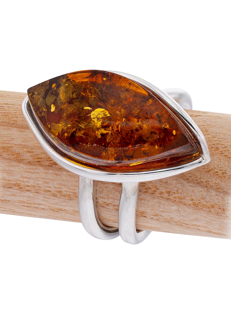 Be-Jewelled Baltic Amber Marquise adjustable ring, UK version