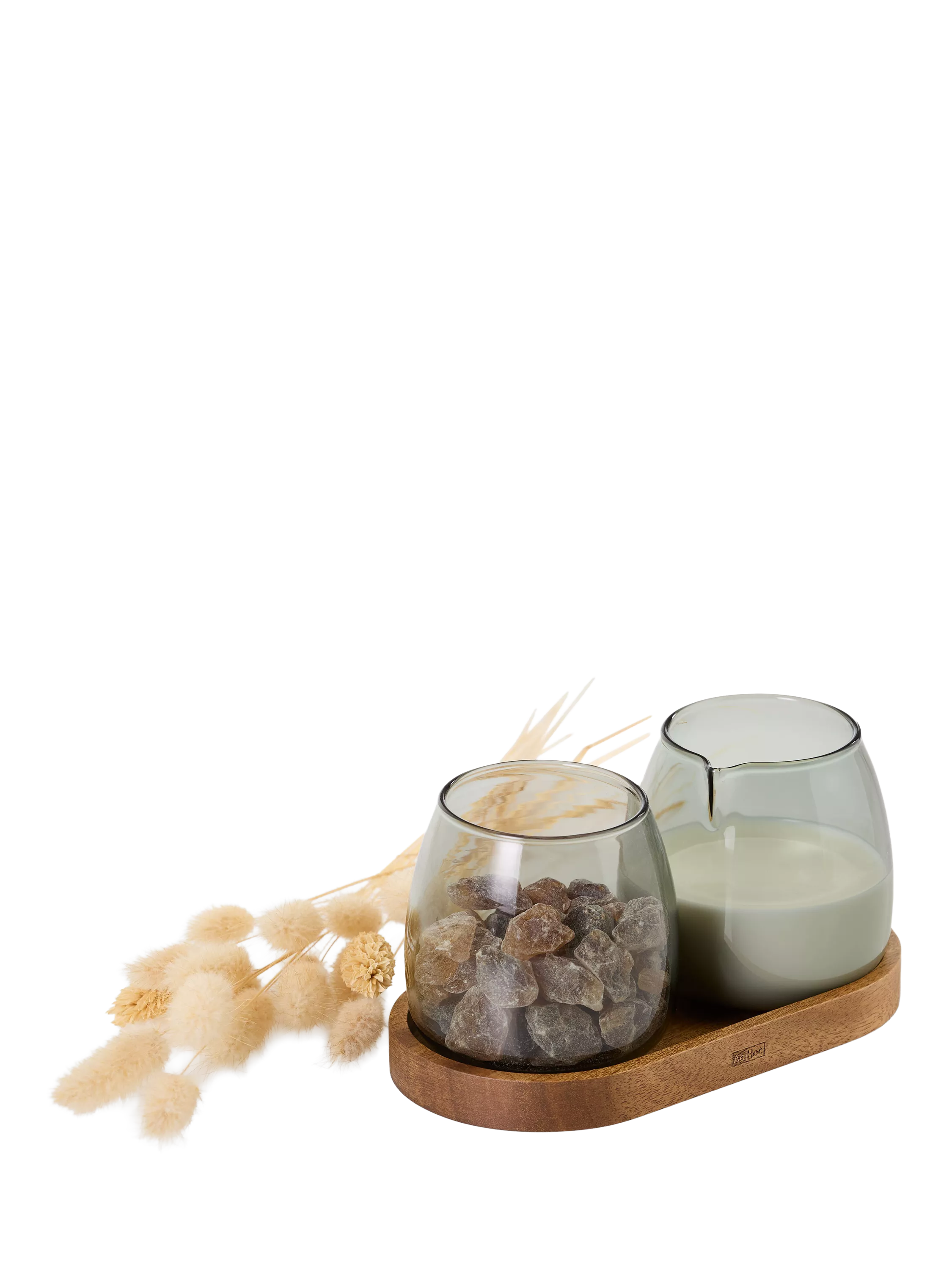 AdHoc milk sugar glass set, acacia wood coaster, imported from the UK