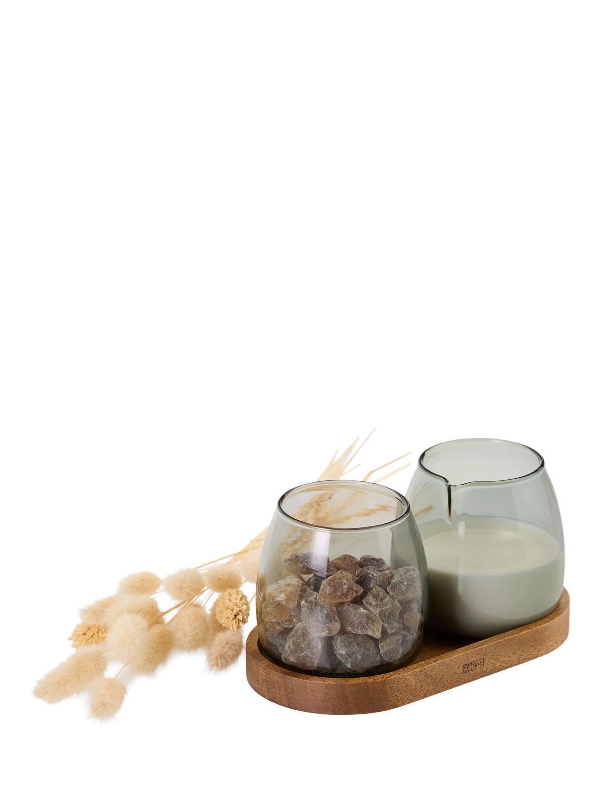 AdHoc milk sugar glass set, acacia wood coaster, imported from the UK