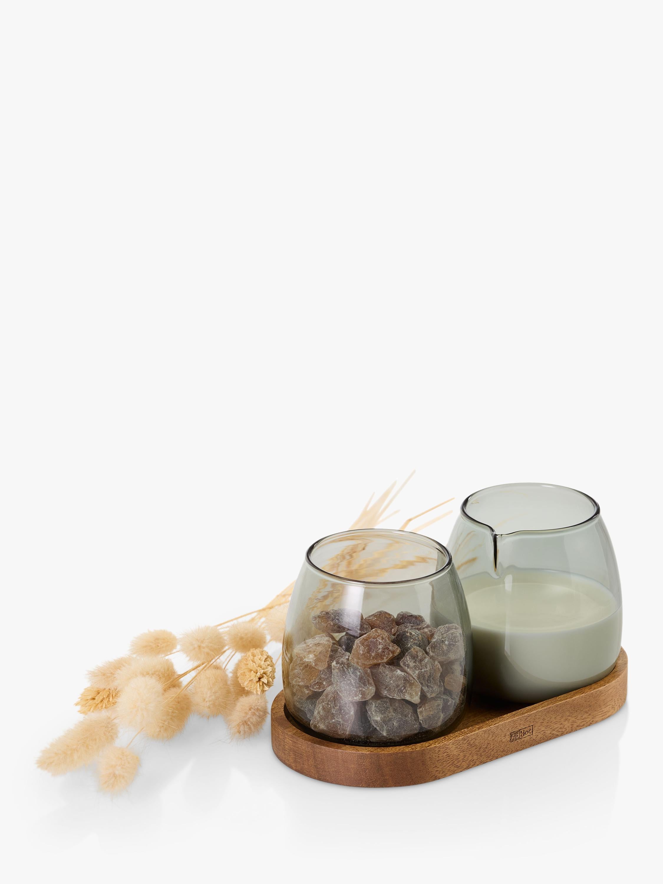 AdHoc milk sugar glass set, acacia wood coaster, imported from the UK