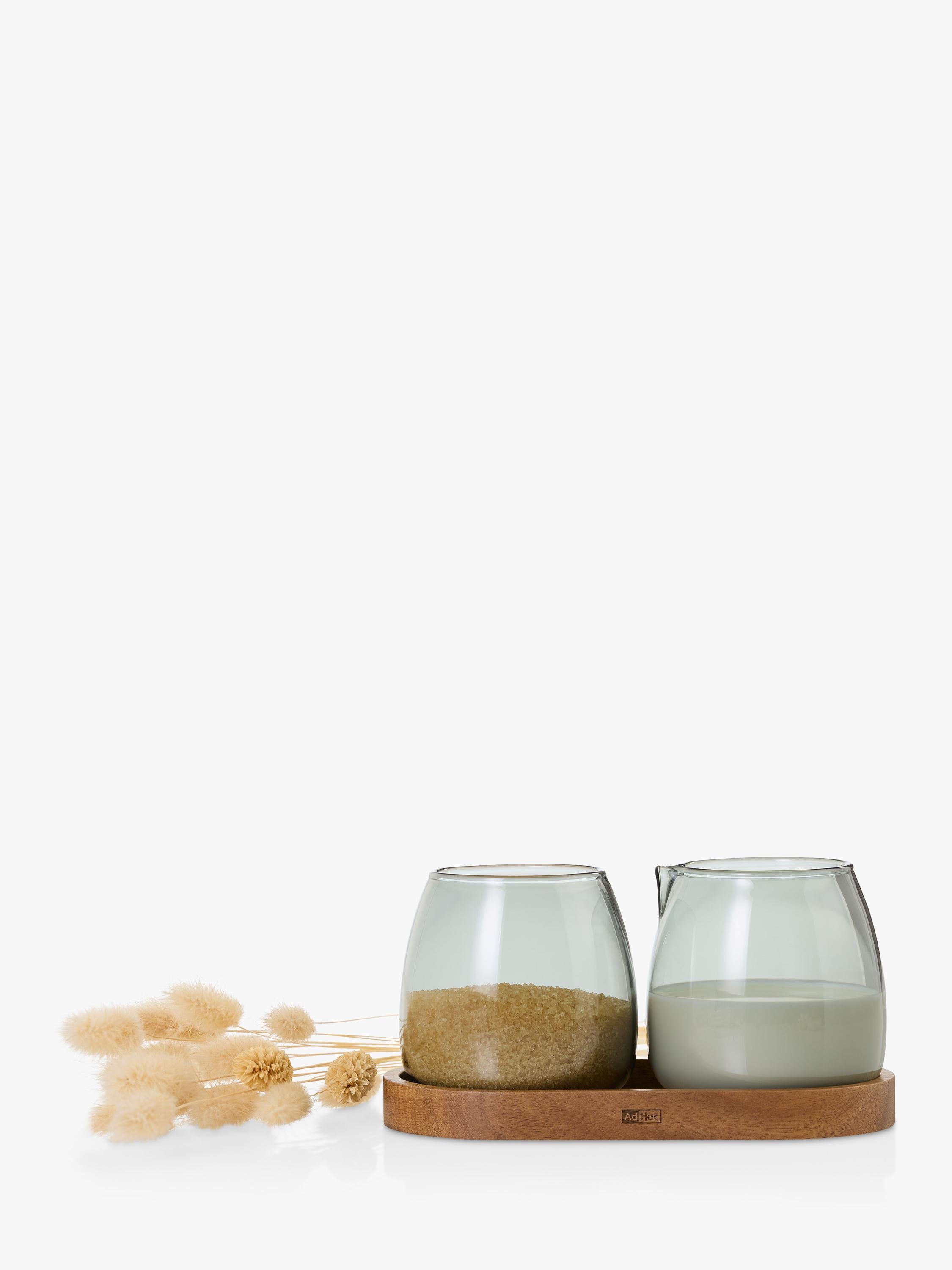 AdHoc milk sugar glass set, acacia wood coaster, imported from the UK