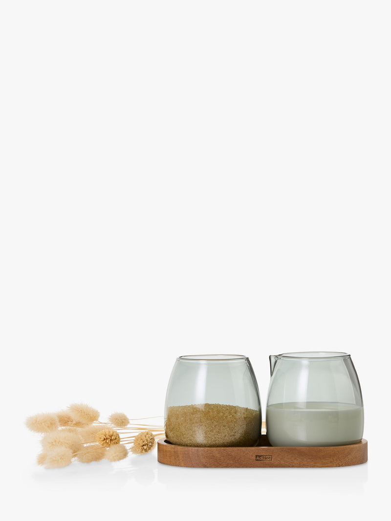 AdHoc milk sugar glass set, acacia wood coaster, imported from the UK