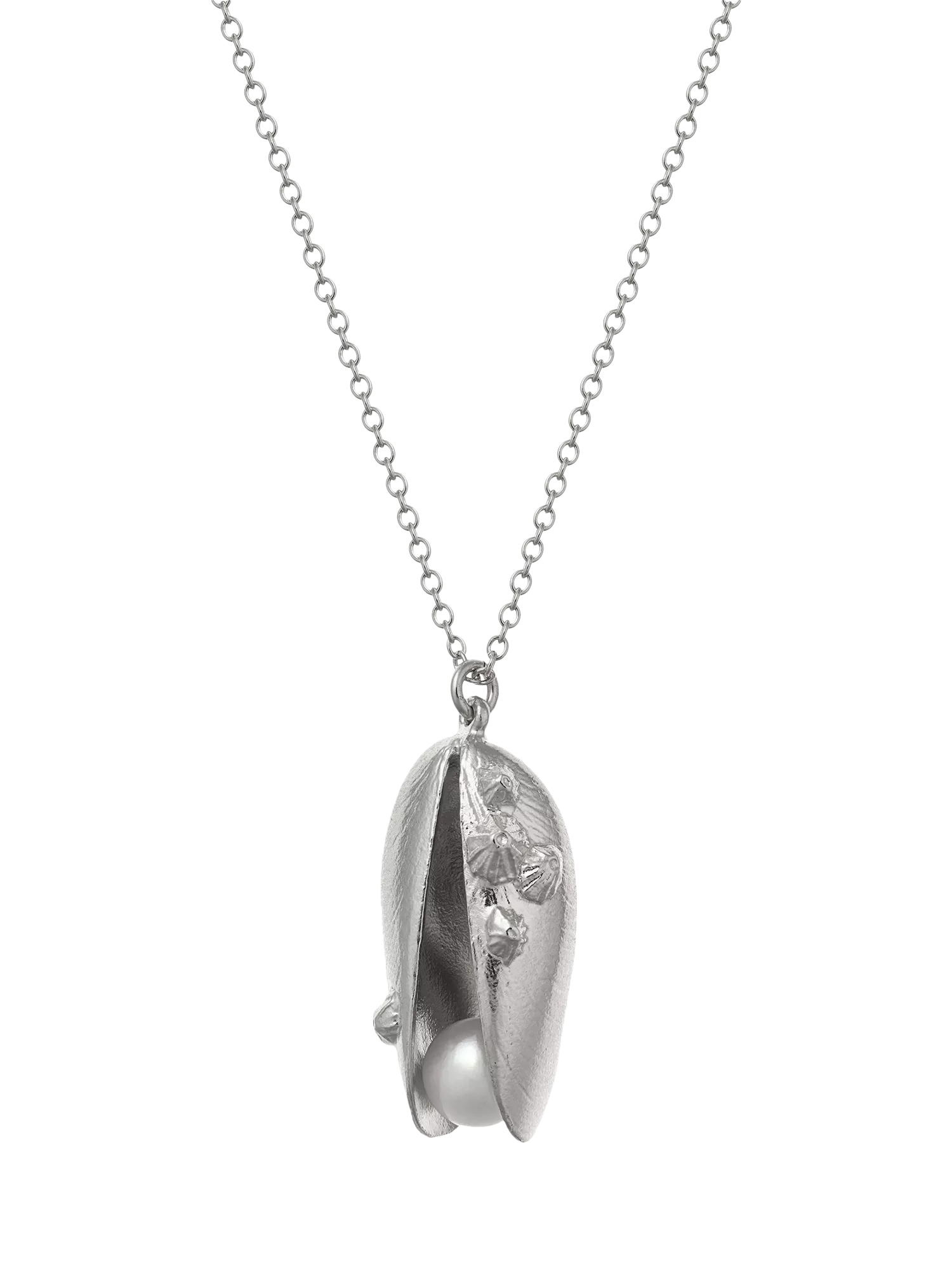 Alex Monroe sterling silver shell and pearl charm necklace, imported from the UK