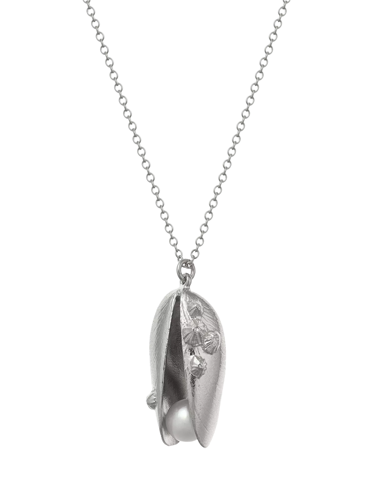 Alex Monroe sterling silver shell and pearl charm necklace, imported from the UK