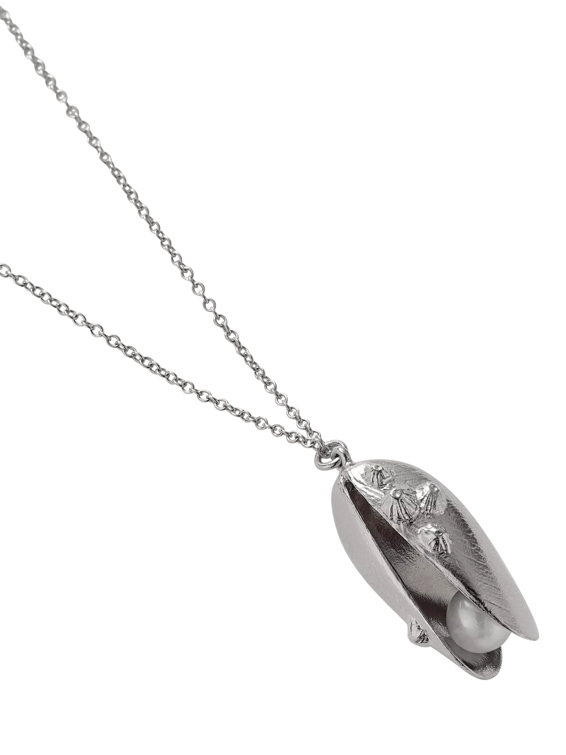 Alex Monroe sterling silver shell and pearl charm necklace, imported from the UK