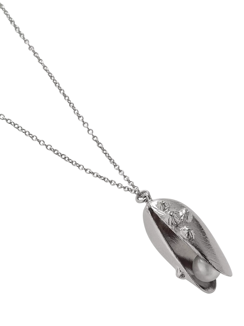 Alex Monroe sterling silver shell and pearl charm necklace, imported from the UK