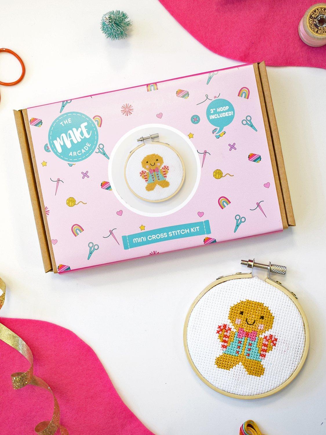 The Make Arcade gingerbread man mini cross stitch kit, UK version