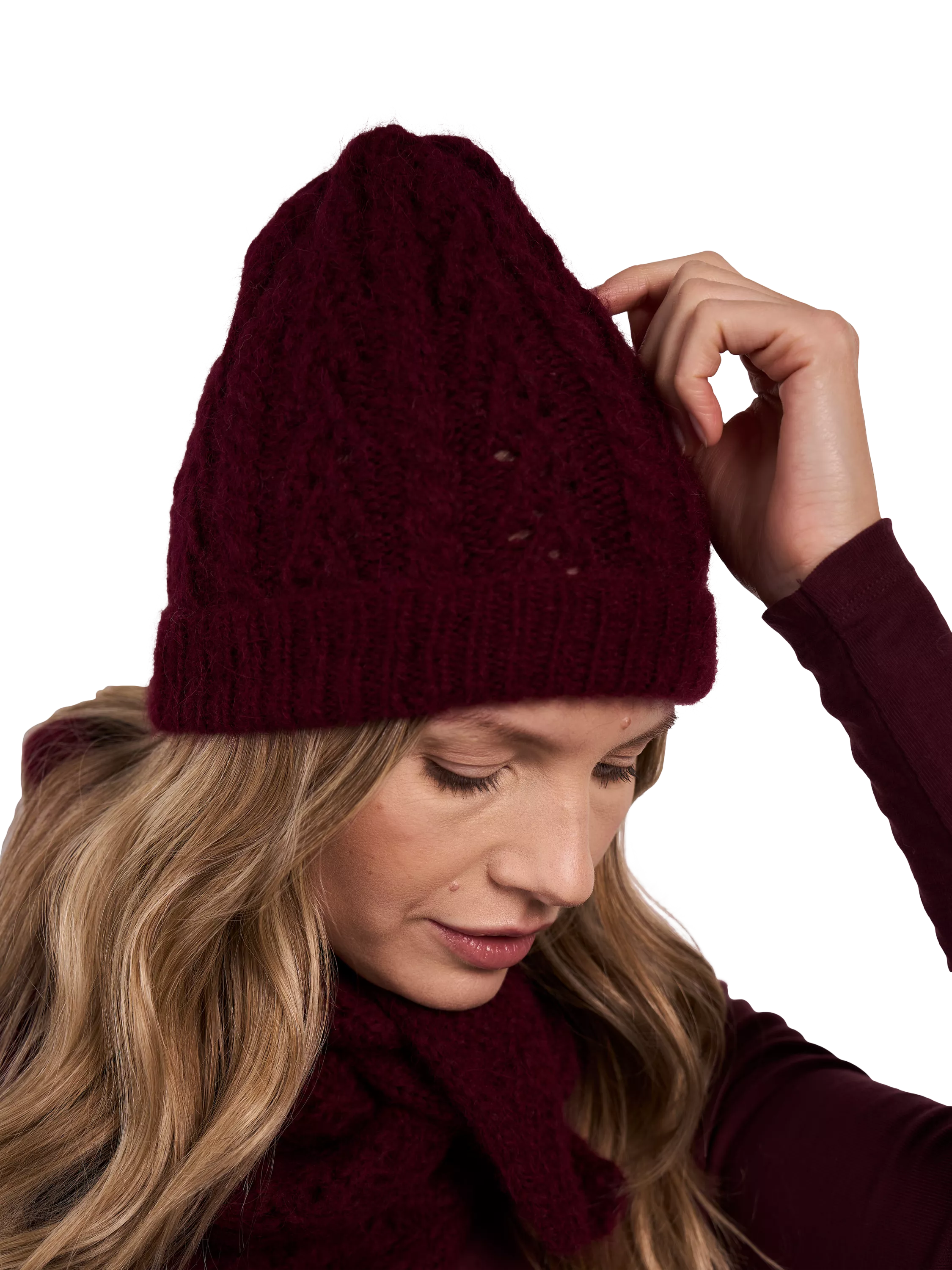 MODE at Rowan Bryony beanie and scarf knitting pattern, UK version