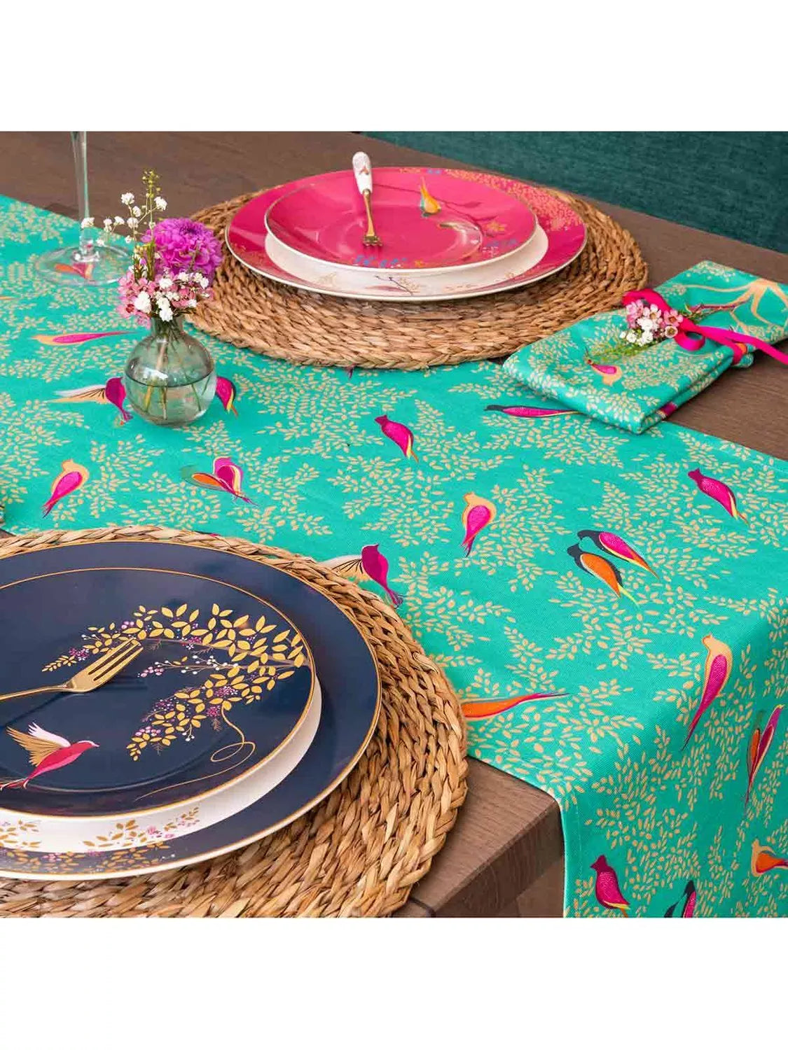 Sara Miller Chelsea Birds cotton table runner 250cm green (British brand)