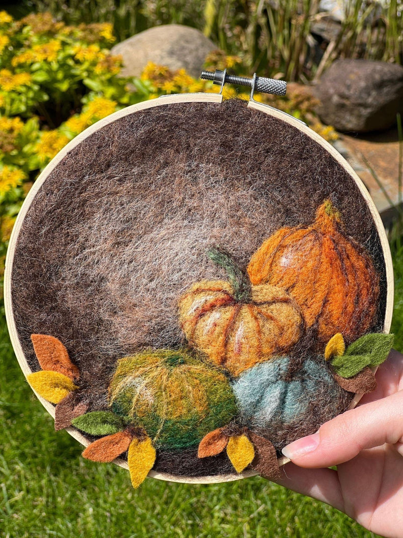The Crafty Kit Company pumpkins in a hoop needle felting kit (British brand)