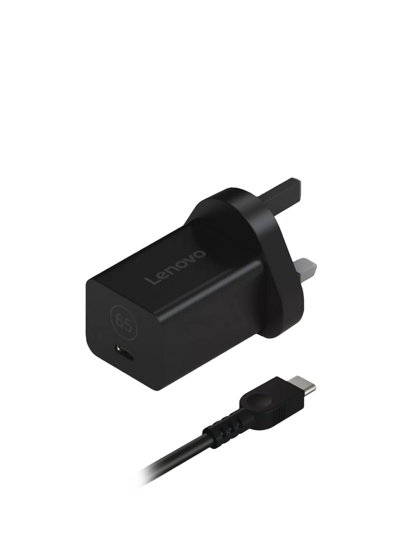 Lenovo GaN Nano 65W USB-C laptop charger with cable black (British brand)