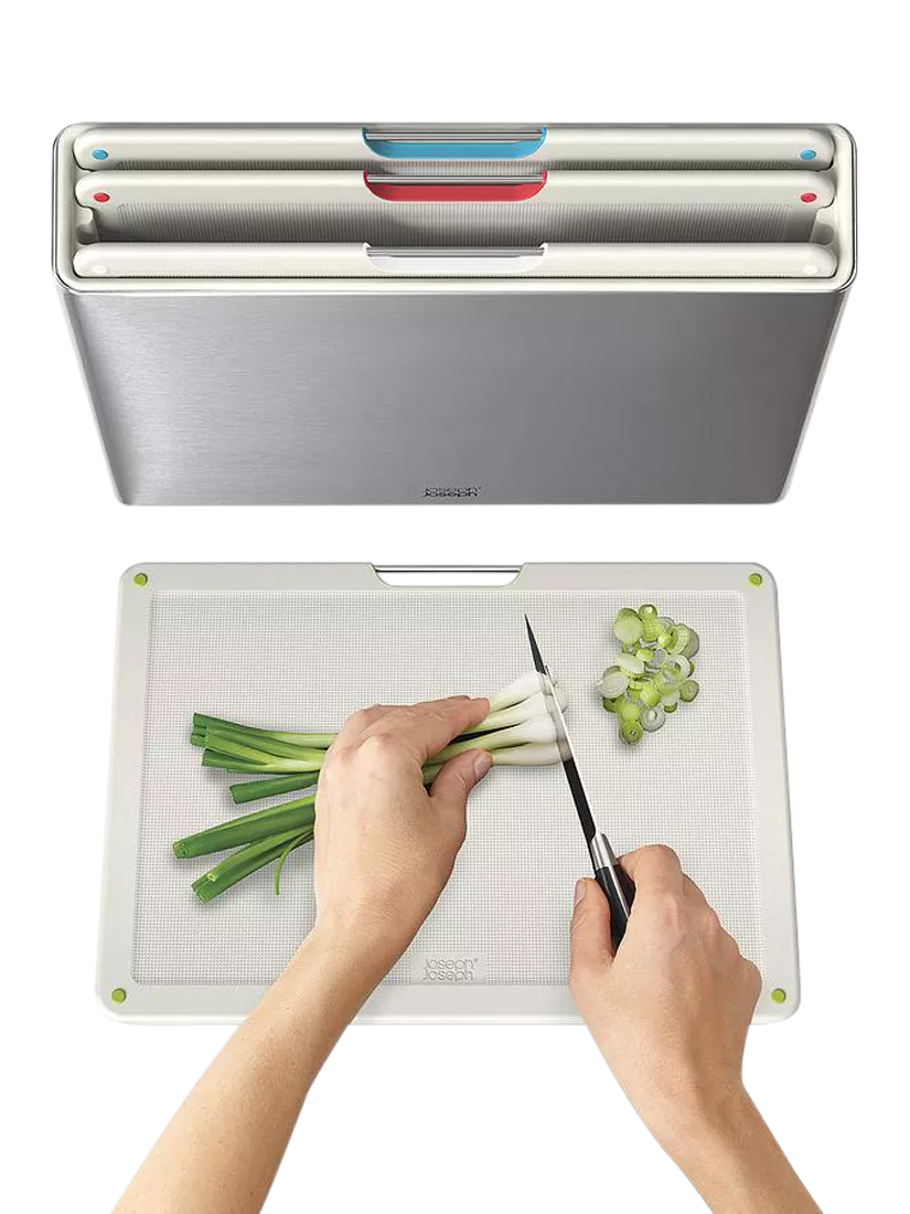 Joseph Joseph Folio chopping board set with stainless steel case, light stone (British brand)