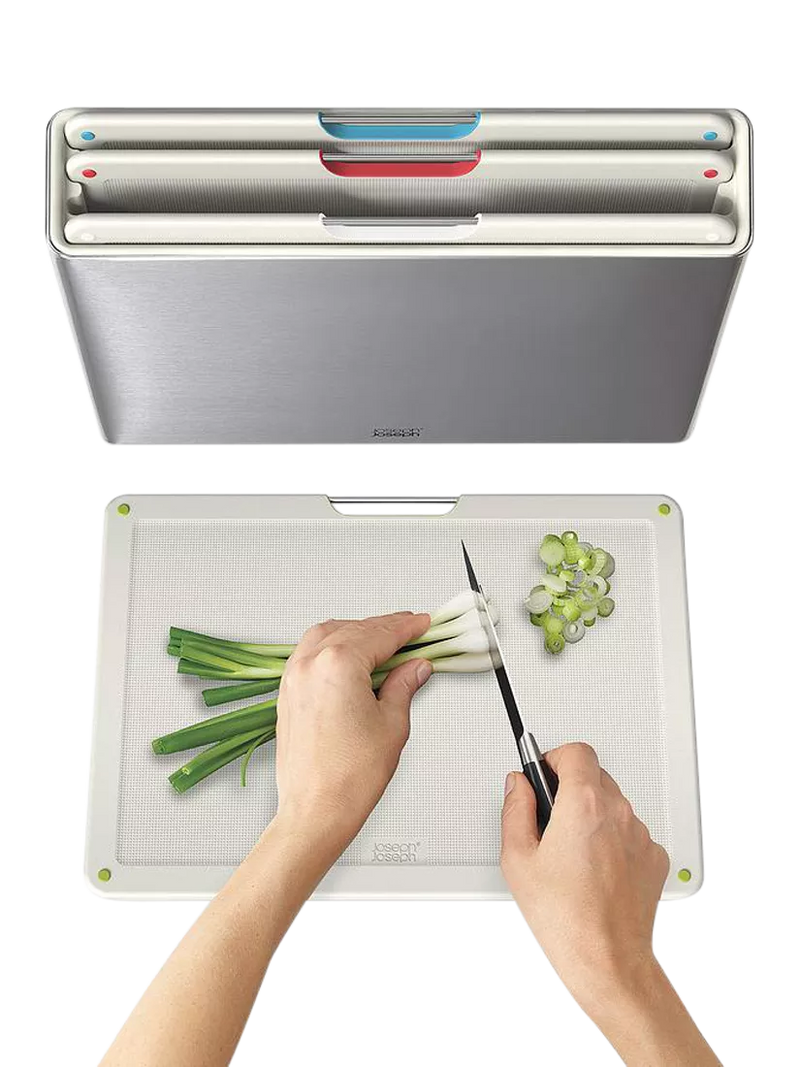 Joseph Joseph Folio chopping board set with stainless steel case, light stone (British brand)