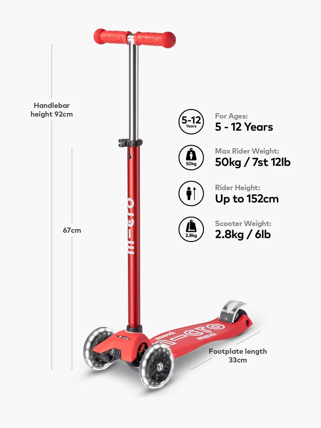 Micro Scooters Maxi Deluxe LED scooter red, imported from the UK
