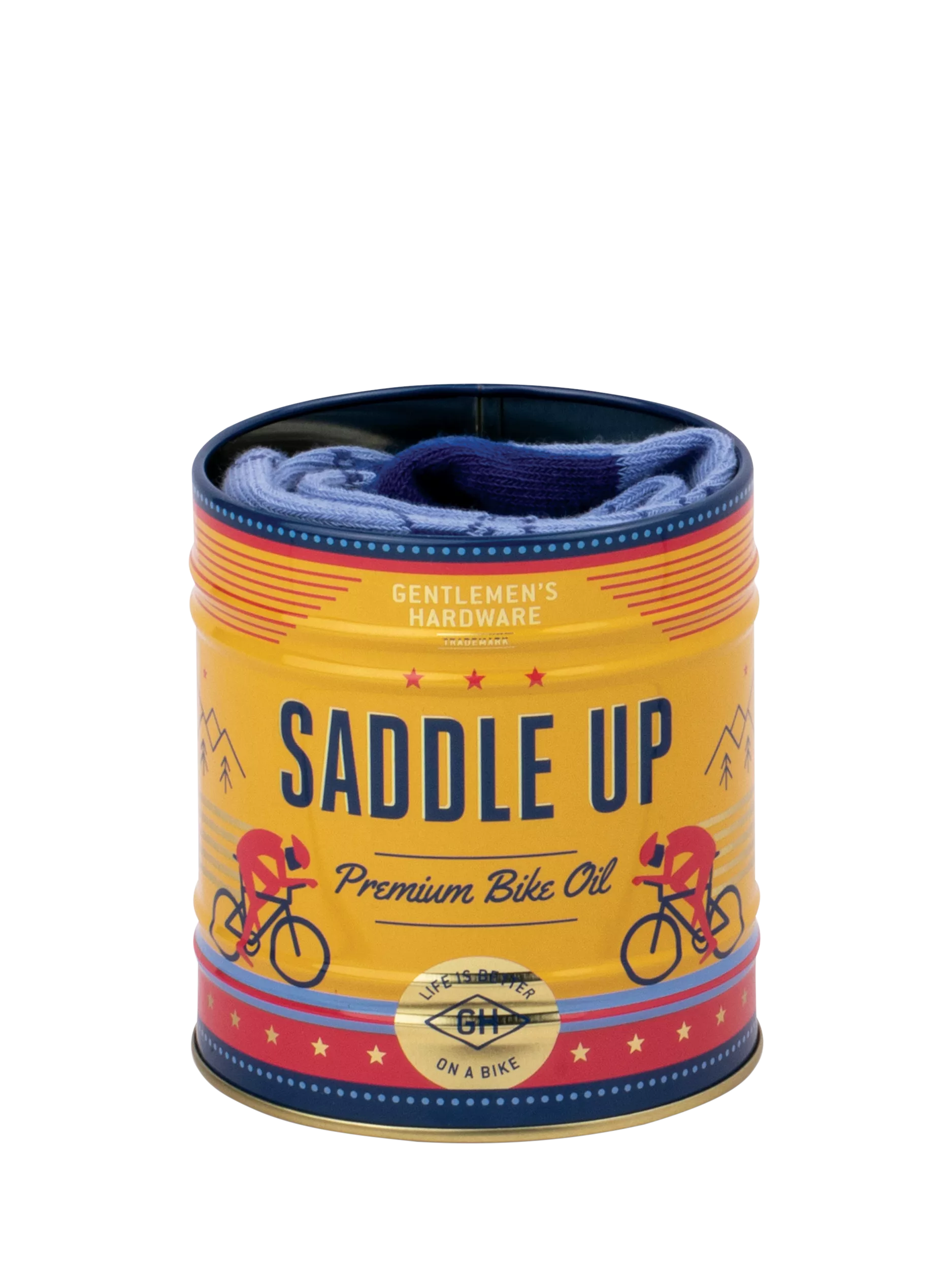 Gentlemen's Hardware blue bike socks in a can, imported from the UK
